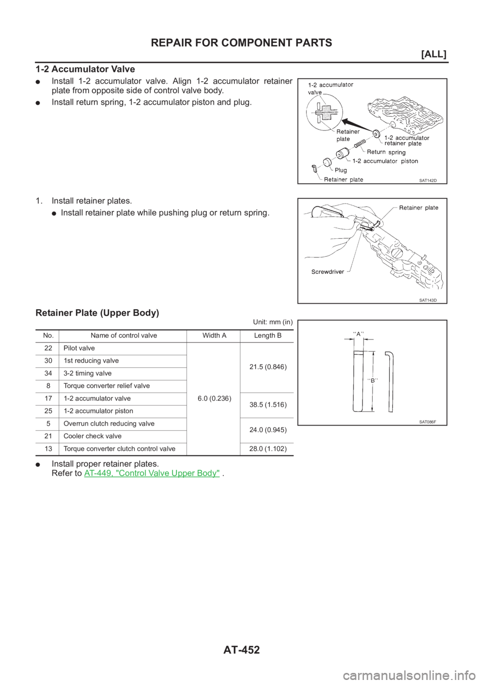 NISSAN ALMERA N16 2003  Electronic Repair Manual AT-452
[ALL]
REPAIR FOR COMPONENT PARTS
1-2 Accumulator Valve
●Install  1-2  accumulator  valve.  Align  1-2  accumulator  retainer
plate from opposite side of control valve body.
●Install return 
