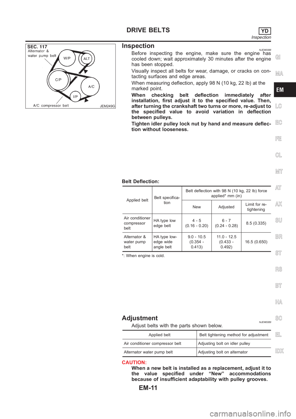 NISSAN ALMERA N16 2003  Electronic Repair Manual JEM249G
InspectionNJEM0088Before inspecting the engine, make sure the engine has
cooled down; wait approximately 30 minutes after the engine
has been stopped.
Visually inspect all belts for wear, dama