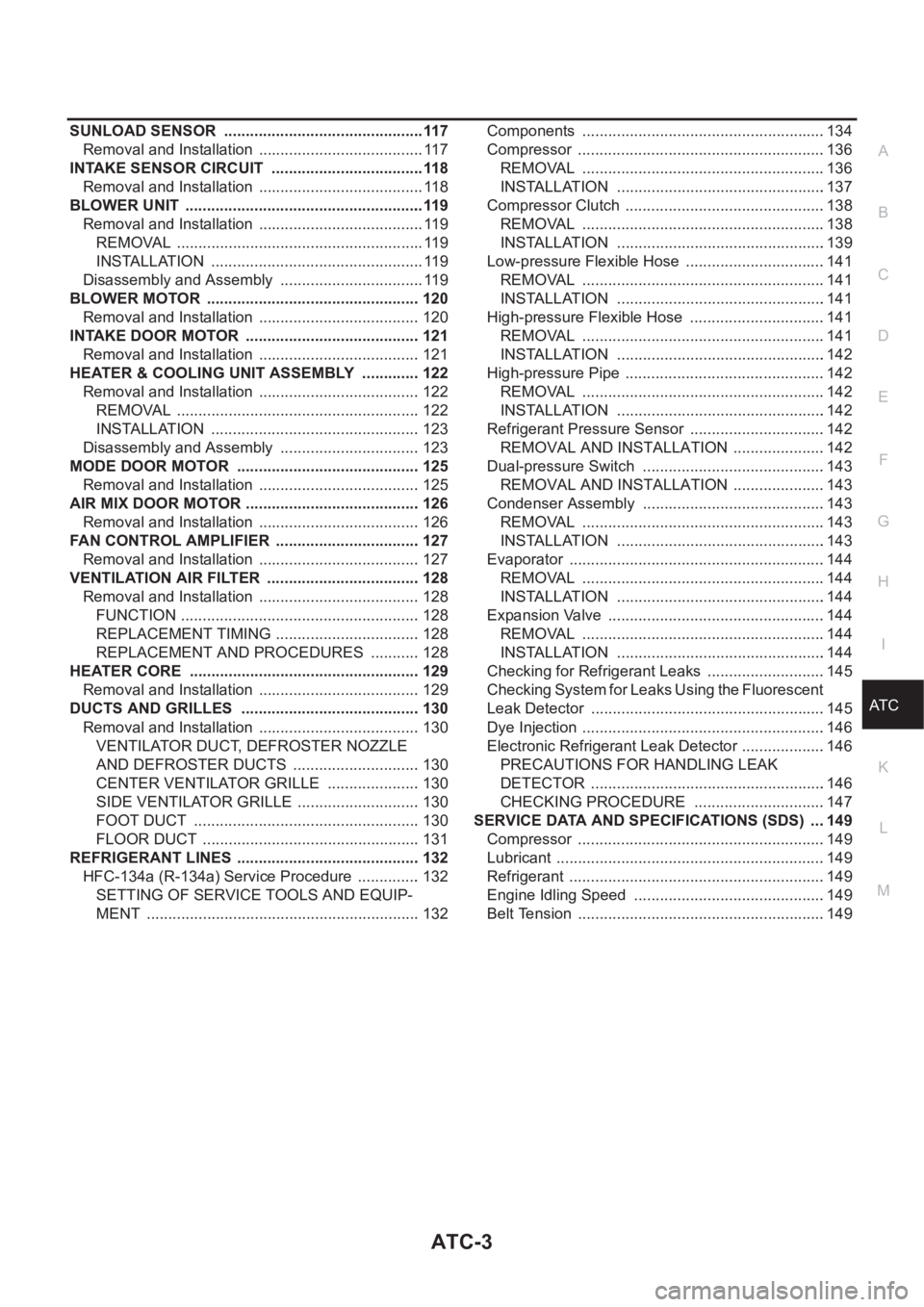 NISSAN ALMERA N16 2003  Electronic Repair Manual ATC-3
C
D
E
F
G
H
I
K
L
MA
B
AT C SUNLOAD SENSOR  ...............................................117
Removal and Installation  ....................................... 117
INTAKE SENSOR CIRCUIT  ......
