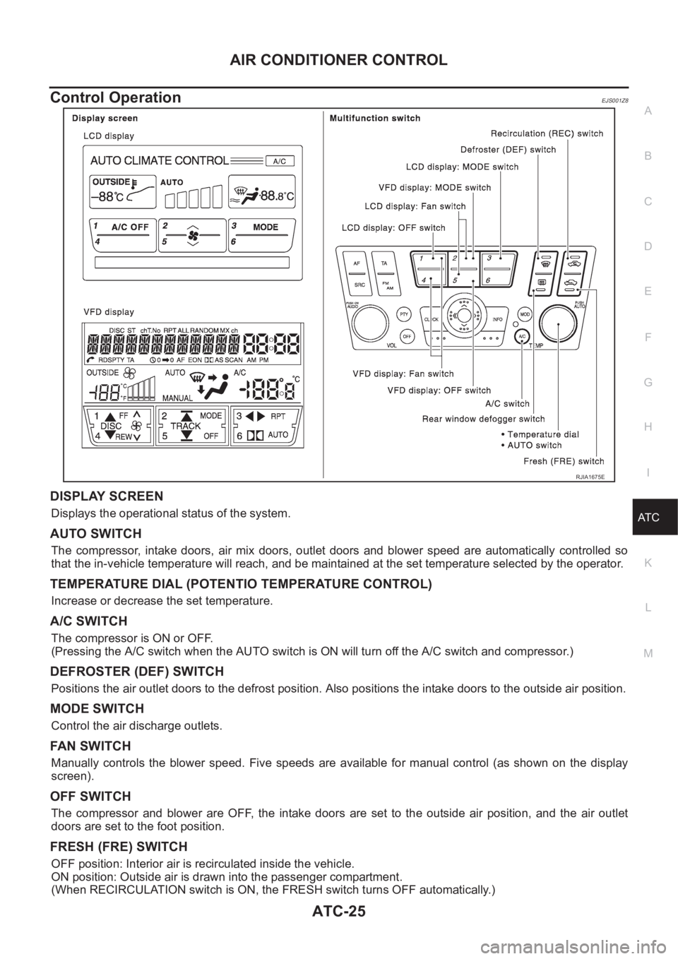 NISSAN ALMERA N16 2003  Electronic Repair Manual AIR CONDITIONER CONTROL
ATC-25
C
D
E
F
G
H
I
K
L
MA
B
AT C
Control OperationEJS001Z8
DISPLAY SCREEN
Displays the operational status of the system.
AUTO SWITCH
The  compressor,  intake  doors,  air  mi
