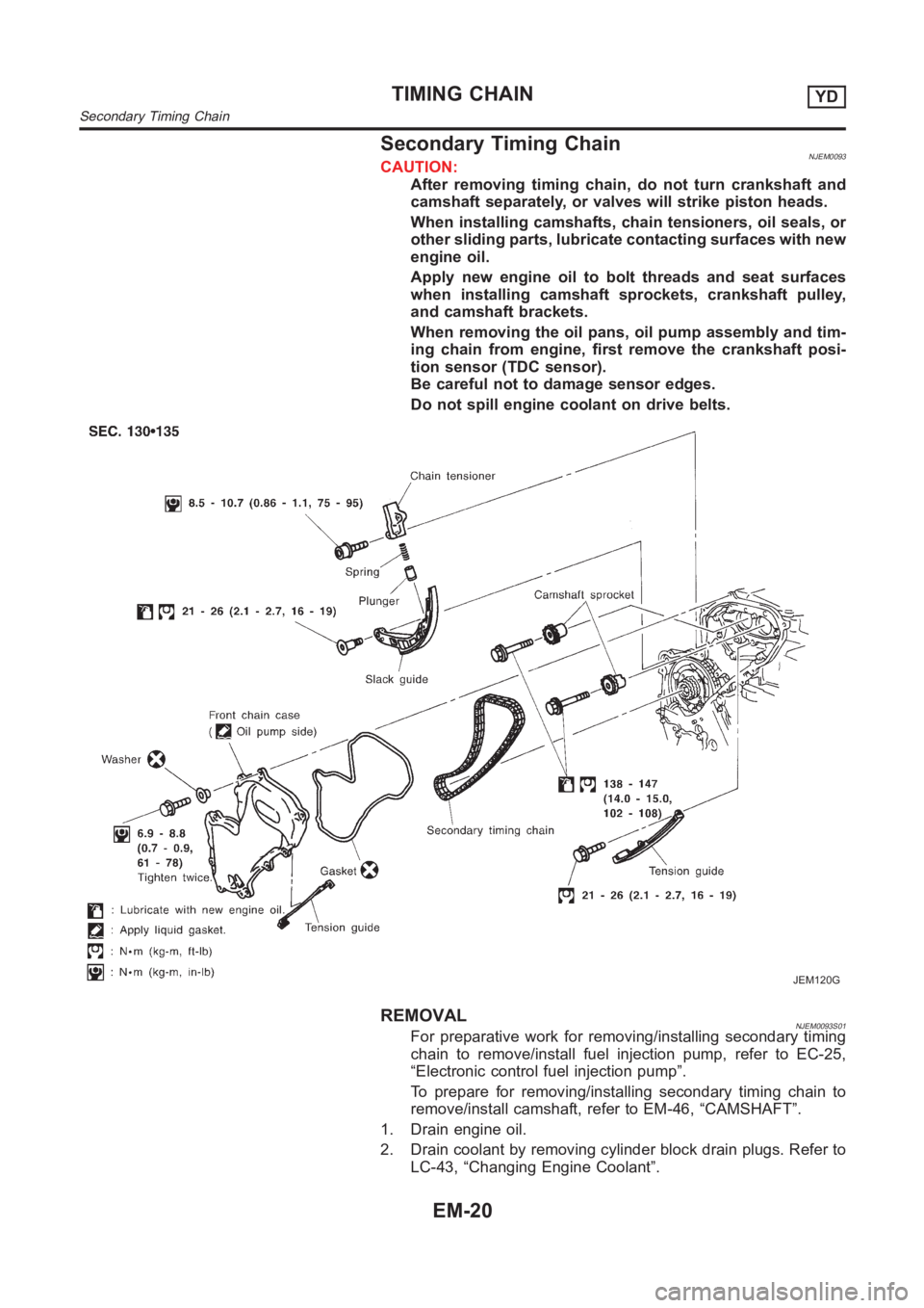 NISSAN ALMERA N16 2003 Electronic Repair Manual Secondary Timing ChainNJEM0093CAUTION:
After removing timing chain, do not turn crankshaft and
camshaft separately, or valves will strike piston heads.
When installing camshafts, chain tensioners, oil NISSAN ALMERA N16 2003 Electronic Repair Manual Secondary Timing ChainNJEM0093CAUTION:
After removing timing chain, do not turn crankshaft and
camshaft separately, or valves will strike piston heads.
When installing camshafts, chain tensioners, oil