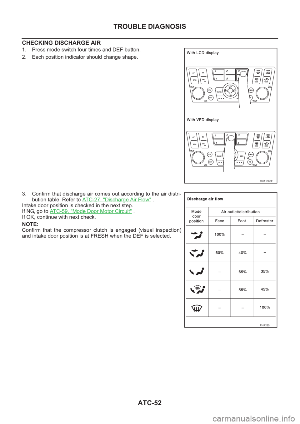 NISSAN ALMERA N16 2003  Electronic Repair Manual ATC-52
TROUBLE DIAGNOSIS
CHECKING DISCHARGE AIR
1. Press mode switch four times and DEF button.
2. Each position indicator should change shape.
3. Confirm that discharge air comes out according to the