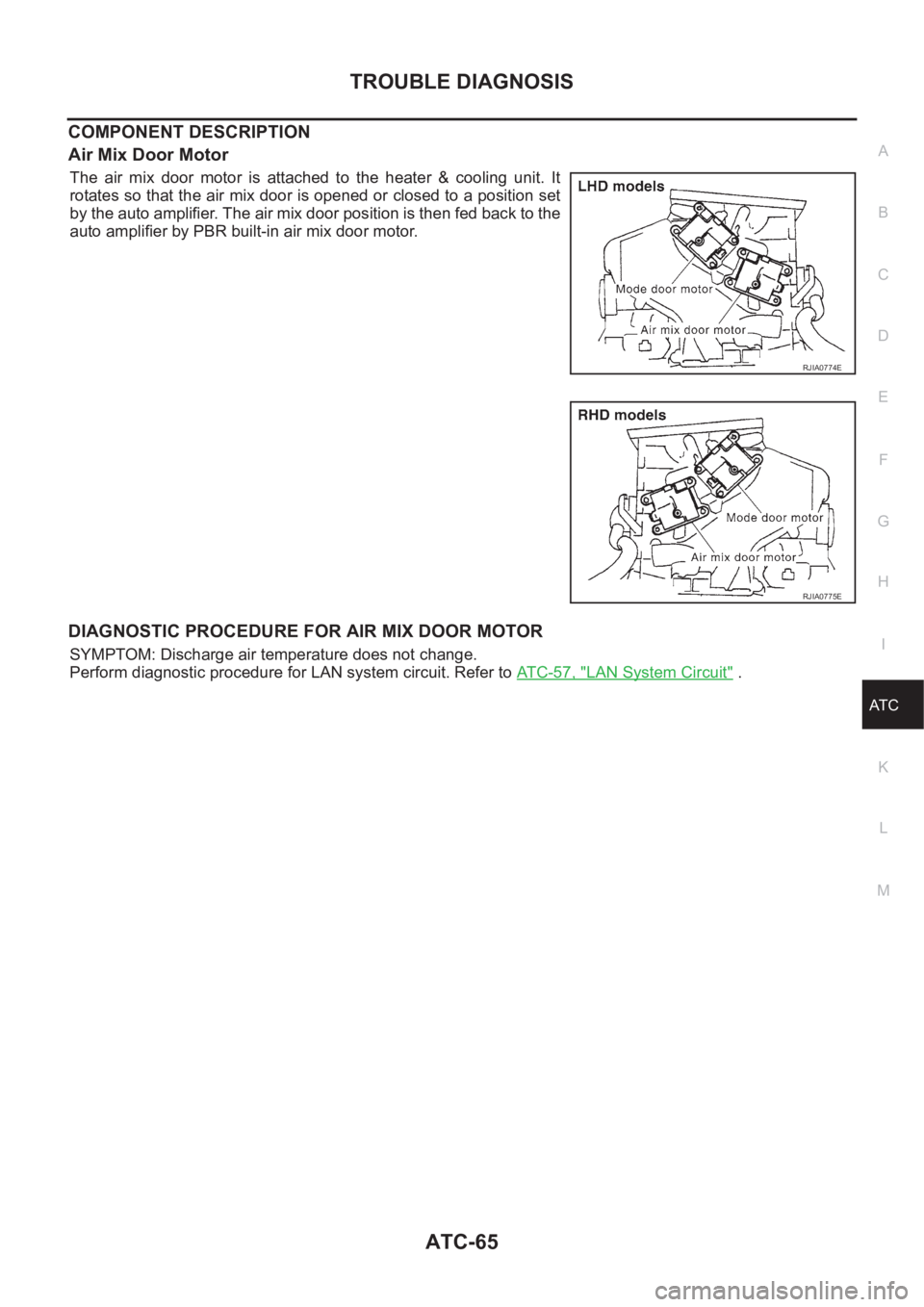 NISSAN ALMERA N16 2003  Electronic Repair Manual TROUBLE DIAGNOSIS
ATC-65
C
D
E
F
G
H
I
K
L
MA
B
AT C
COMPONENT DESCRIPTION
Air Mix Door Motor
The  air  mix  door  motor  is  attached  to  the  heater  &  cooling  unit.  It
rotates so that the air m