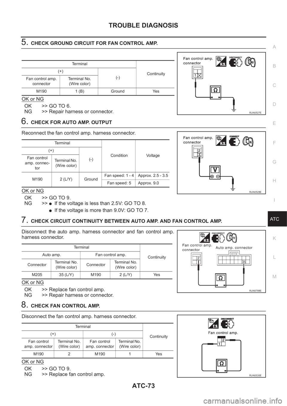 NISSAN ALMERA N16 2003 Electronic Repair Manual TROUBLE DIAGNOSIS
ATC-73
C
D
E
F
G
H
I
K
L
MA
B
AT C
5.CHECK GROUND CIRCUIT FOR FAN CONTROL AMP.
OK or NG
OK >> GO TO 6.
NG >> Repair harness or connector.
6.CHECK FOR AUTO AMP. OUTPUT
Reconnect the f NISSAN ALMERA N16 2003 Electronic Repair Manual TROUBLE DIAGNOSIS
ATC-73
C
D
E
F
G
H
I
K
L
MA
B
AT C
5.CHECK GROUND CIRCUIT FOR FAN CONTROL AMP.
OK or NG
OK >> GO TO 6.
NG >> Repair harness or connector.
6.CHECK FOR AUTO AMP. OUTPUT
Reconnect the f