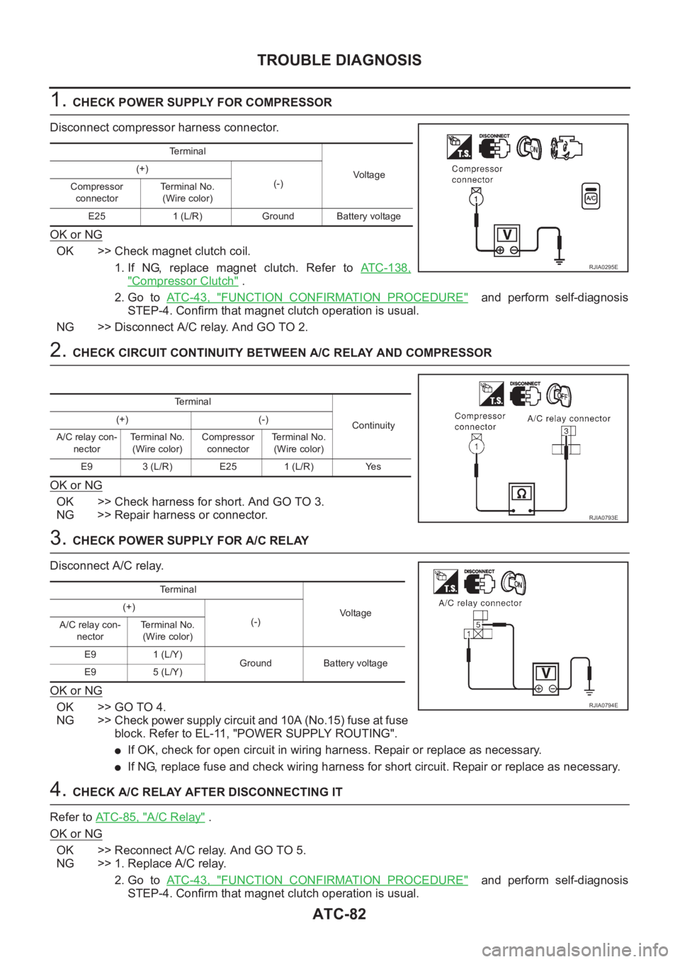 NISSAN ALMERA N16 2003 Electronic Repair Manual ATC-82
TROUBLE DIAGNOSIS
1. CHECK POWER SUPPLY FOR COMPRESSOR
Disconnect compressor harness connector.
OK or NG
OK >> Check magnet clutch coil.
1. If NG, replace magnet clutch. Refer to ATC-138, NISSAN ALMERA N16 2003 Electronic Repair Manual ATC-82
TROUBLE DIAGNOSIS
1. CHECK POWER SUPPLY FOR COMPRESSOR
Disconnect compressor harness connector.
OK or NG
OK >> Check magnet clutch coil.
1. If NG, replace magnet clutch. Refer to ATC-138,