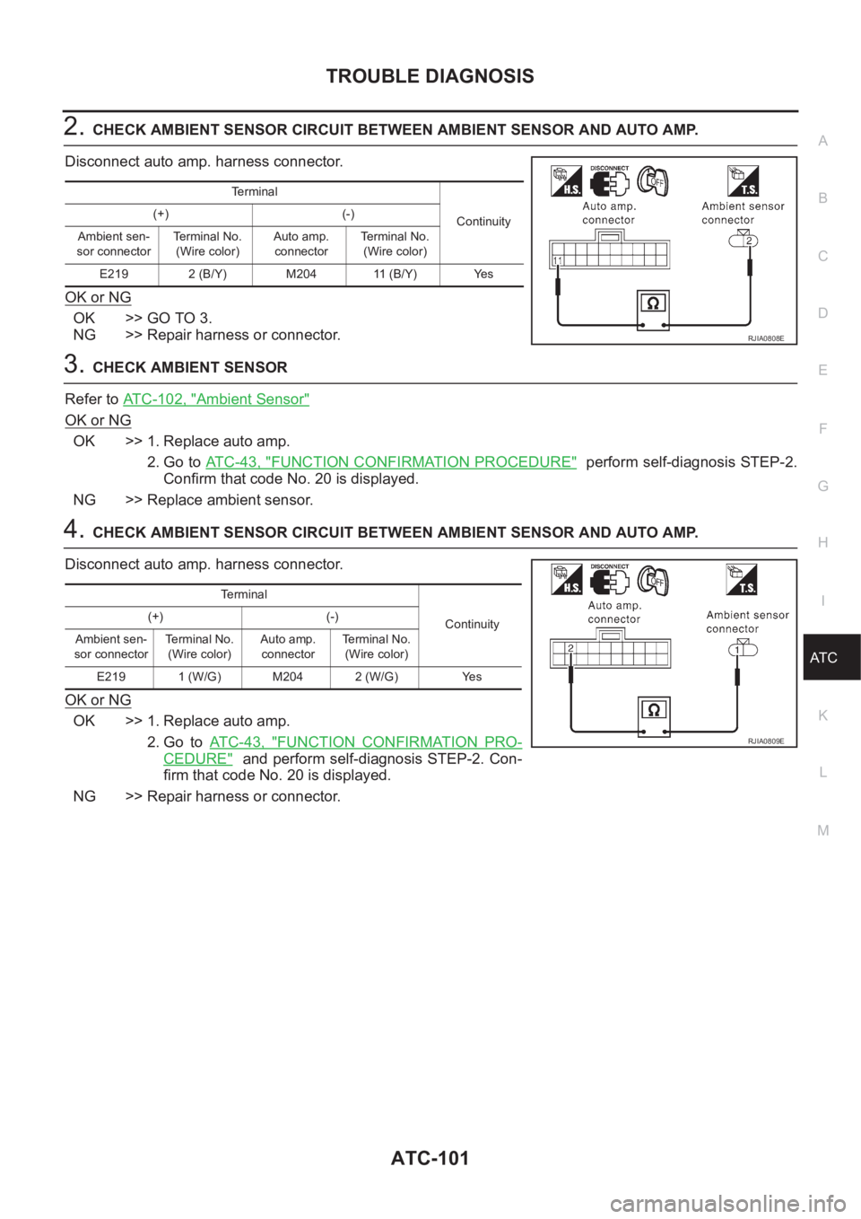 NISSAN ALMERA N16 2003 Electronic Repair Manual TROUBLE DIAGNOSIS
ATC-101
C
D
E
F
G
H
I
K
L
MA
B
AT C
2.CHECK AMBIENT SENSOR CIRCUIT BETWEEN AMBIENT SENSOR AND AUTO AMP.
Disconnect auto amp. harness connector.
OK or NG
OK >> GO TO 3.
NG >> Repair h NISSAN ALMERA N16 2003 Electronic Repair Manual TROUBLE DIAGNOSIS
ATC-101
C
D
E
F
G
H
I
K
L
MA
B
AT C
2.CHECK AMBIENT SENSOR CIRCUIT BETWEEN AMBIENT SENSOR AND AUTO AMP.
Disconnect auto amp. harness connector.
OK or NG
OK >> GO TO 3.
NG >> Repair h