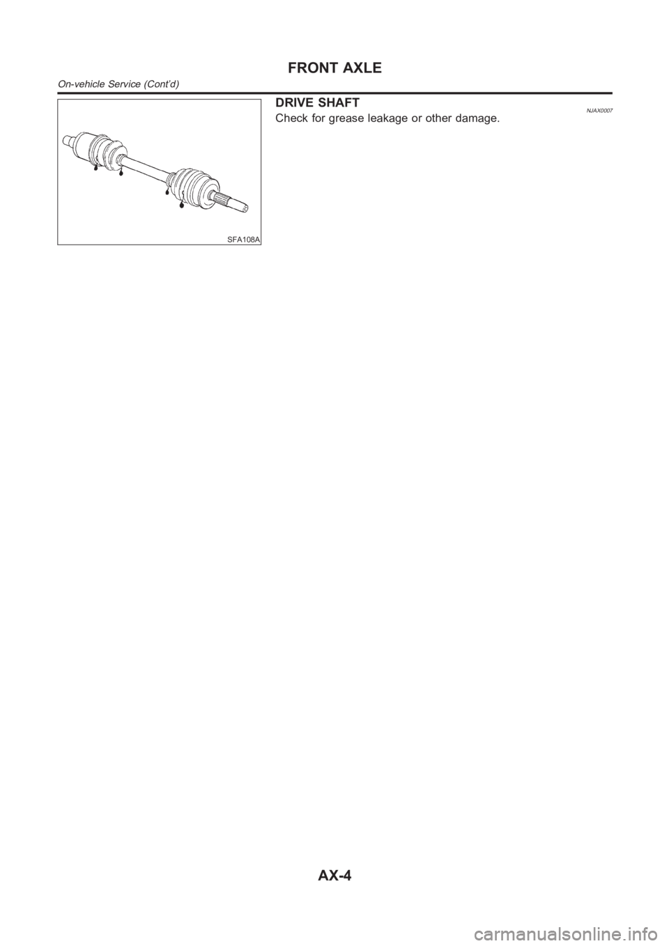 NISSAN ALMERA N16 2003  Electronic Repair Manual SFA108A
DRIVE SHAFTNJAX0007Check for grease leakage or other damage.
FRONT AXLE
On-vehicle Service (Cont’d)
AX-4 