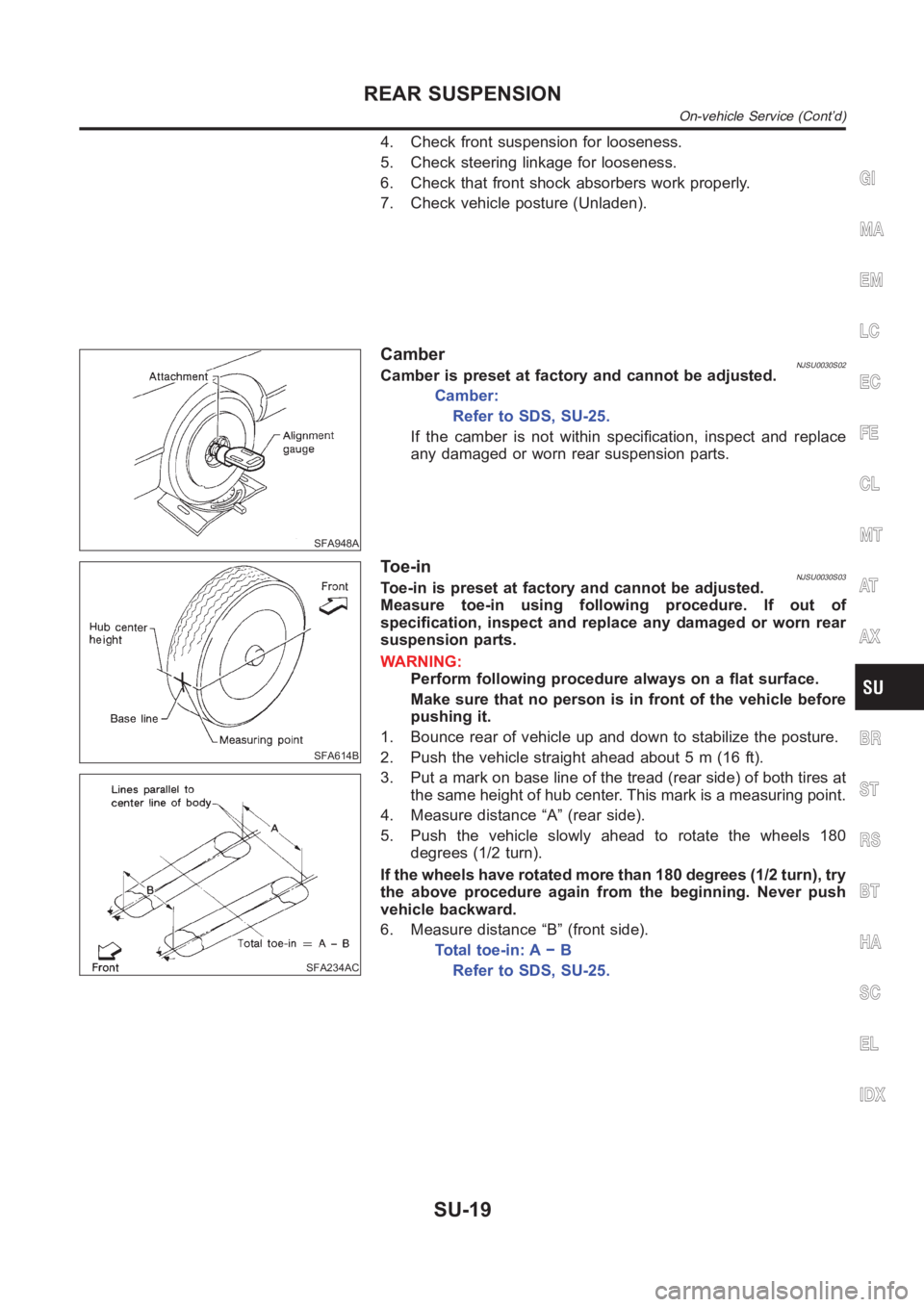 NISSAN ALMERA N16 2003 Electronic Repair Manual 4. Check front suspension for looseness.
5. Check steering linkage for looseness.
6. Check that front shock absorbers work properly.
7. Check vehicle posture (Unladen).
SFA948A
CamberNJSU0030S02Camber NISSAN ALMERA N16 2003 Electronic Repair Manual 4. Check front suspension for looseness.
5. Check steering linkage for looseness.
6. Check that front shock absorbers work properly.
7. Check vehicle posture (Unladen).
SFA948A
CamberNJSU0030S02Camber