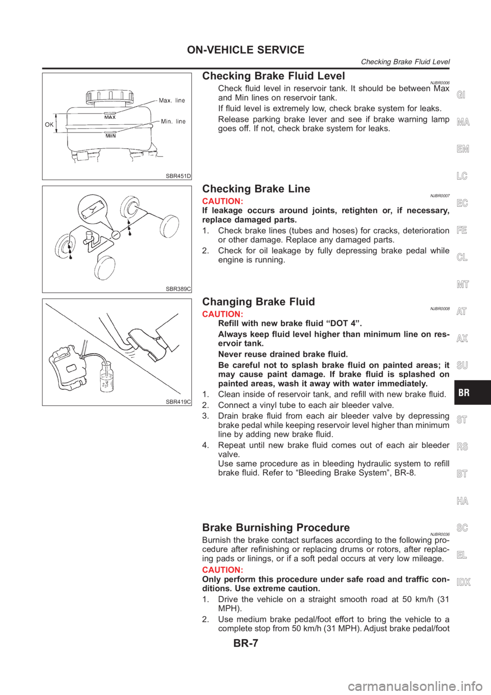 NISSAN ALMERA N16 2003 Electronic Repair Manual SBR451D
Checking Brake Fluid LevelNJBR0006Check fluid level in reservoir tank. It should be between Max
and Min lines on reservoir tank.
If fluid level is extremely low, check brake system for leaks.
NISSAN ALMERA N16 2003 Electronic Repair Manual SBR451D
Checking Brake Fluid LevelNJBR0006Check fluid level in reservoir tank. It should be between Max
and Min lines on reservoir tank.
If fluid level is extremely low, check brake system for leaks.
