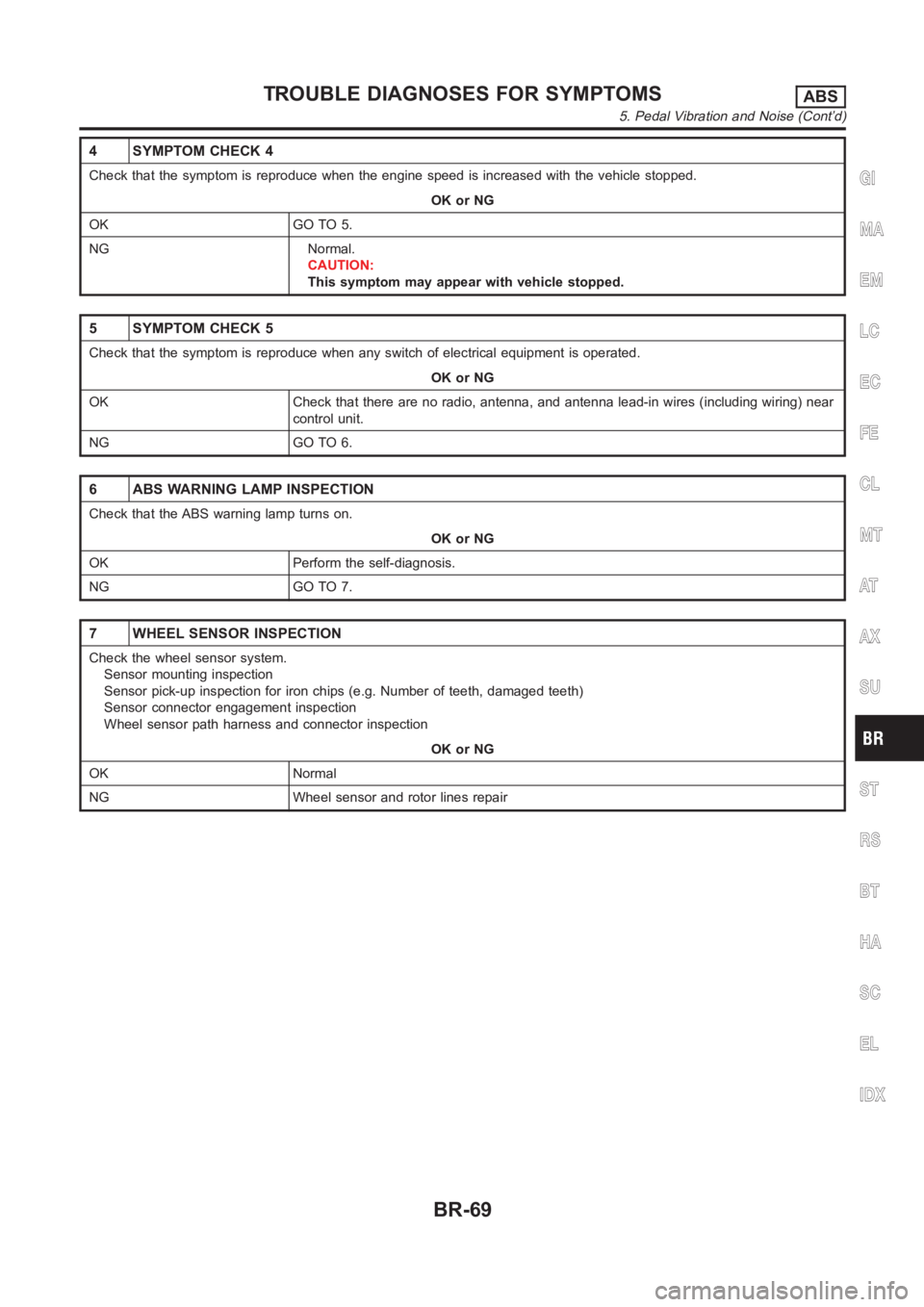 NISSAN ALMERA N16 2003  Electronic Repair Manual 4 SYMPTOM CHECK 4
Check that the symptom is reproduce when the engine speed is increased withthe vehicle stopped.
OK or NG
OK GO TO 5.
NG Normal.
CAUTION:
This symptom may appear with vehicle stopped.