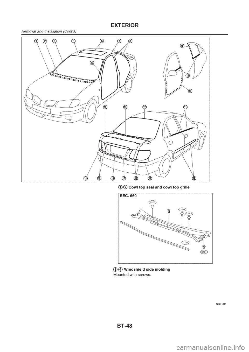 NISSAN ALMERA N16 2003  Electronic Repair Manual NBT201
EXTERIOR
Removal and Installation (Cont’d)
BT-48 