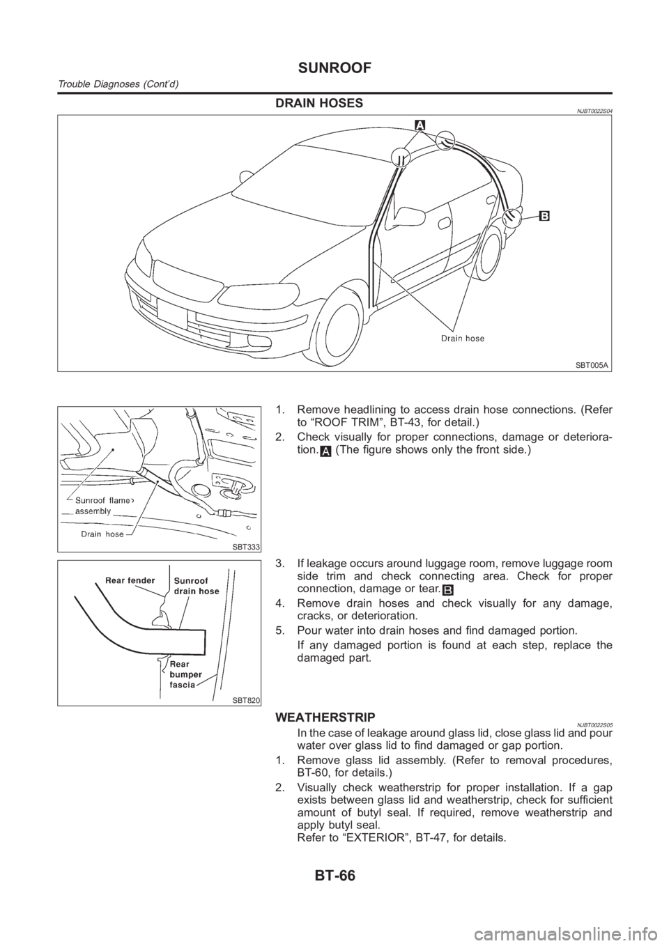 NISSAN ALMERA N16 2003  Electronic Repair Manual DRAIN HOSESNJBT0022S04
SBT005A
SBT333
1. Remove headlining to access drain hose connections. (Refer
to “ROOF TRIM”, BT-43, for detail.)
2. Check visually for proper connections, damage or deterior