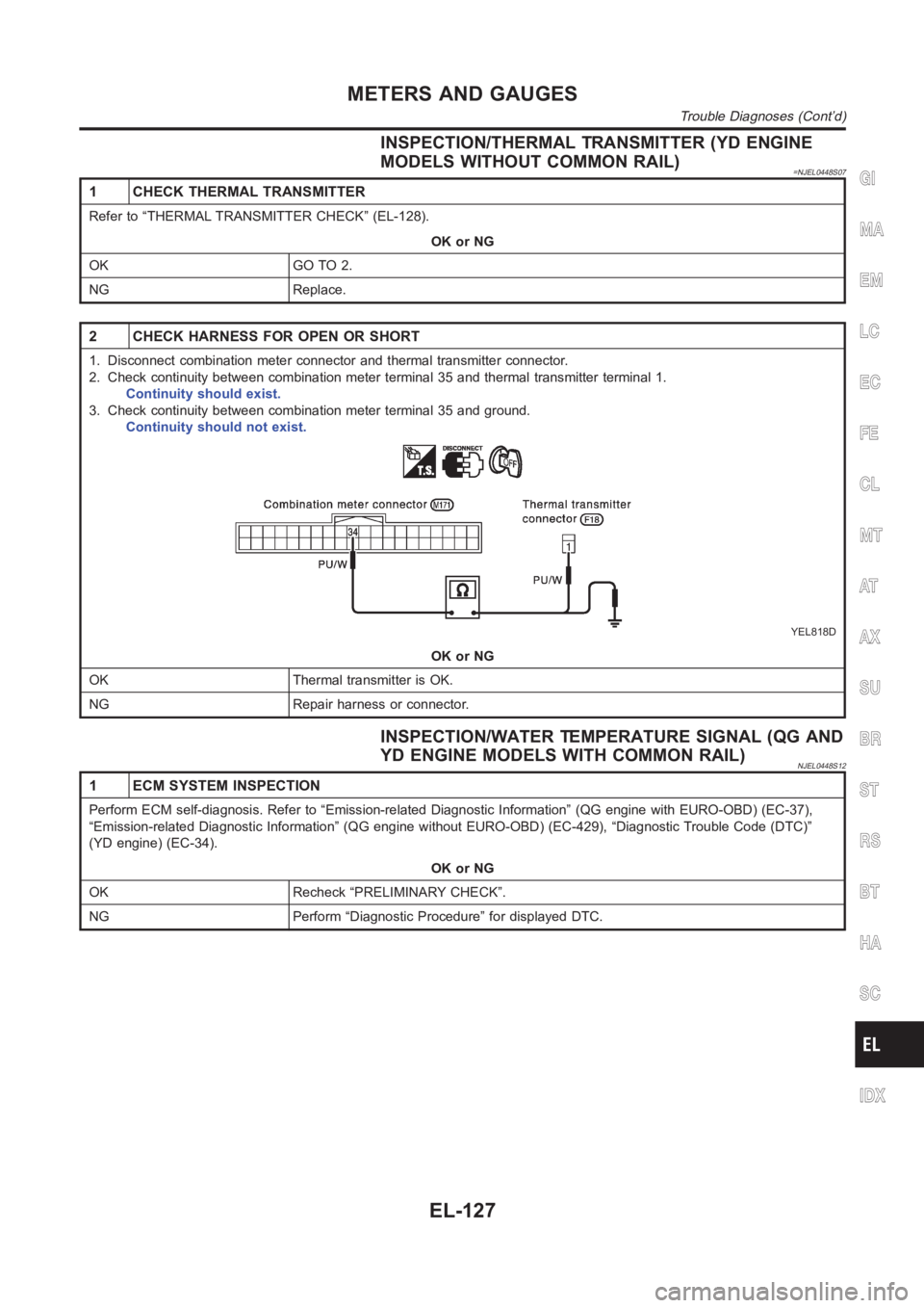 NISSAN ALMERA N16 2003  Electronic Repair Manual INSPECTION/THERMAL TRANSMITTER (YD ENGINE
MODELS WITHOUT COMMON RAIL)
=NJEL0448S07
1 CHECK THERMAL TRANSMITTER
Refer to “THERMAL TRANSMITTER CHECK” (EL-128).
OK or NG
OK GO TO 2.
NG Replace.
2 CHE