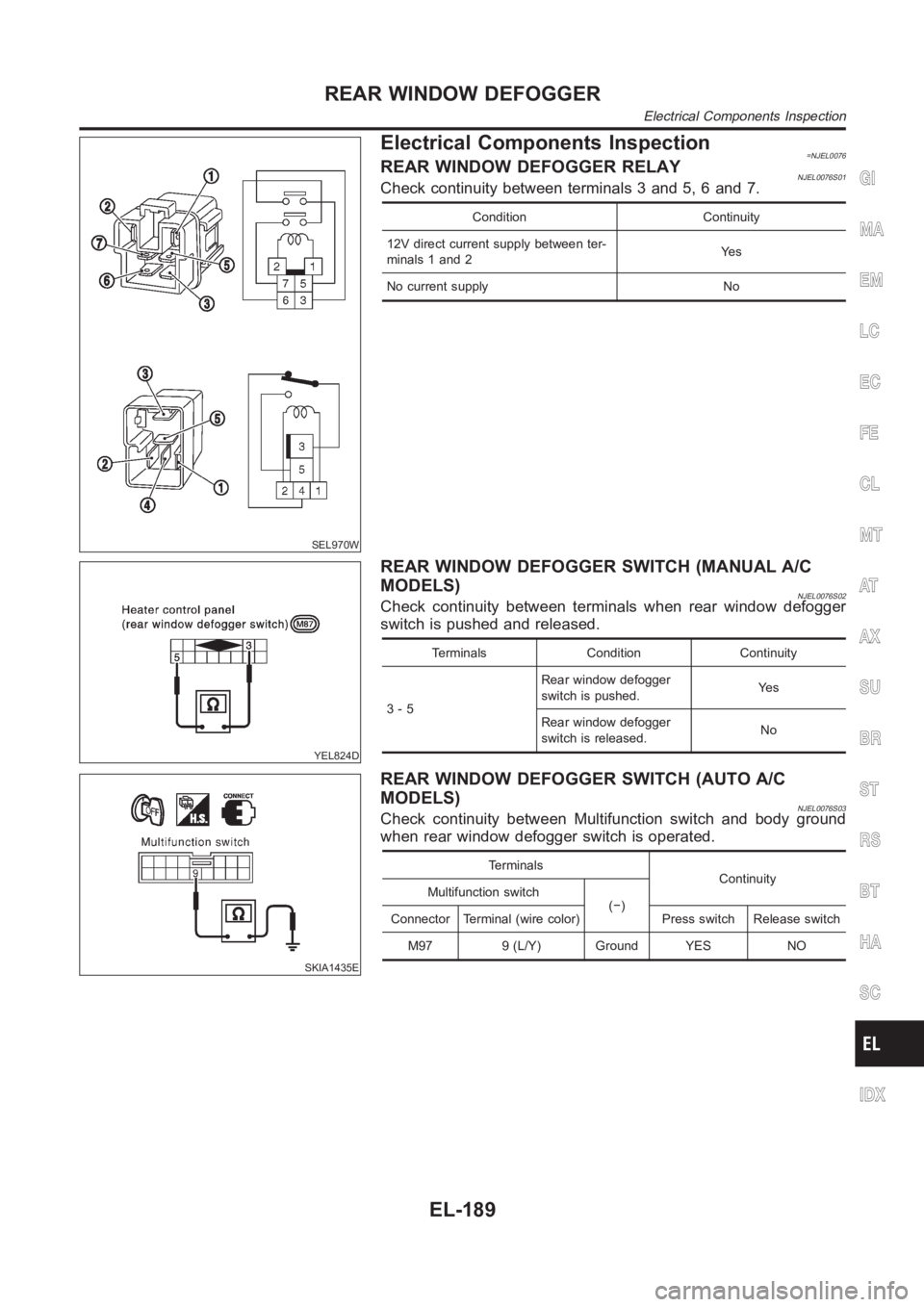 NISSAN ALMERA N16 2003  Electronic Repair Manual SEL970W
Electrical Components Inspection=NJEL0076REAR WINDOW DEFOGGER RELAYNJEL0076S01Check continuity between terminals 3 and 5, 6 and 7.
Condition Continuity
12V direct current supply between ter-
m