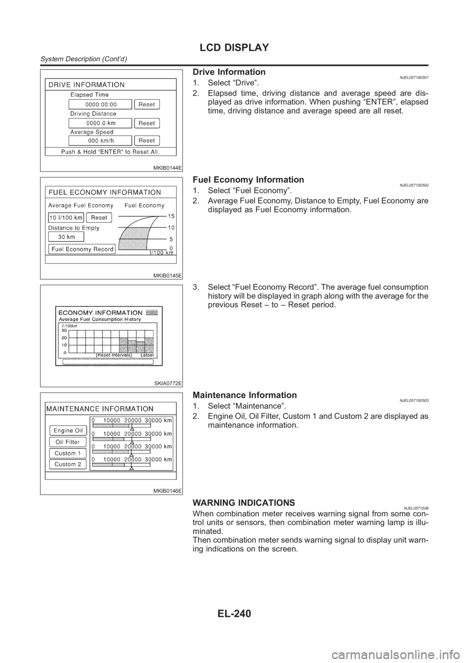 NISSAN ALMERA N16 2003  Electronic Repair Manual MKIB0144E
Drive InformationNJEL0571S05011. Select “Drive”.
2. Elapsed time, driving distance and average speed are dis-
played as drive information. When pushing “ENTER”, elapsed
time, driving