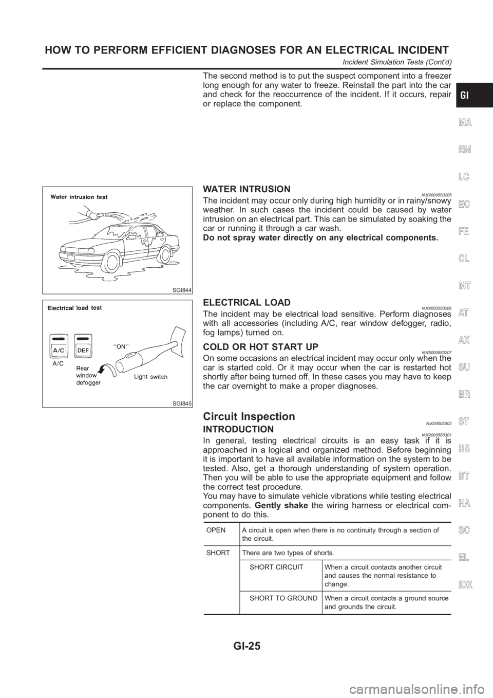 NISSAN ALMERA N16 2003  Electronic Repair Manual The second method is to put the suspect component into a freezer
long enough for any water to freeze. Reinstall the part into the car
and check for the reoccurrence of the incident. If it occurs, repa