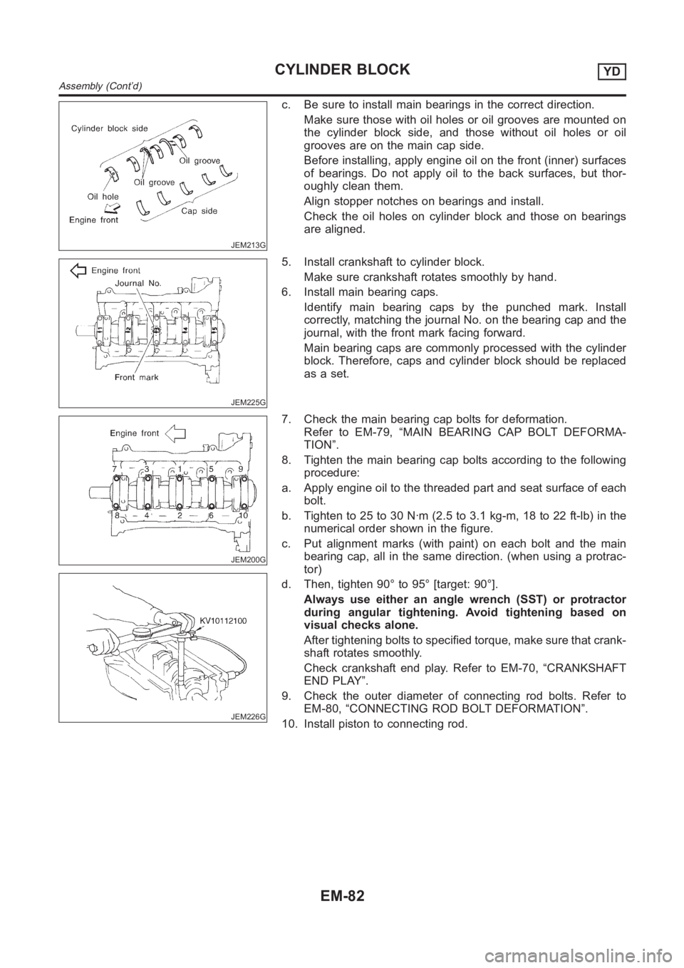 NISSAN ALMERA N16 2003  Electronic Repair Manual JEM213G
c. Be sure to install main bearings in the correct direction.
Make sure those with oil holes or oil grooves are mounted on
the cylinder block side, and those without oil holes or oil
grooves a
