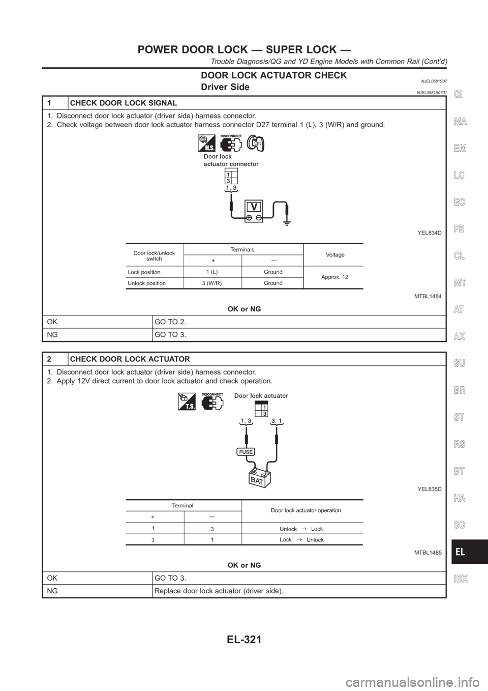 NISSAN ALMERA N16 2003  Electronic Repair Manual DOOR LOCK ACTUATOR CHECKNJEL0581S07Driver SideNJEL0581S0701
1 CHECK DOOR LOCK SIGNAL
1. Disconnect door lock actuator (driver side) harness connector.
2. Check voltage between door lock actuator harne