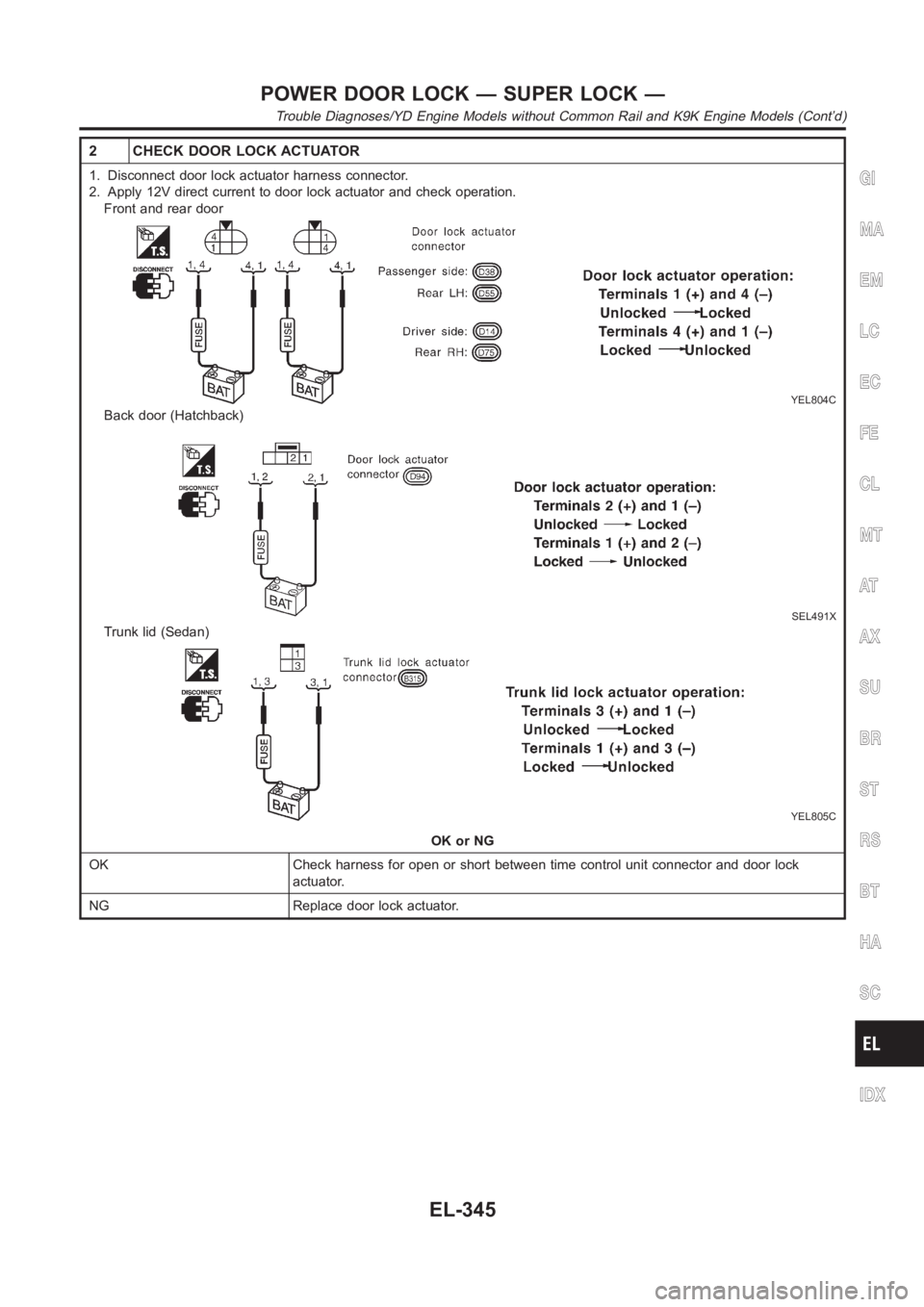 NISSAN ALMERA N16 2003  Electronic Repair Manual 2 CHECK DOOR LOCK ACTUATOR
1. Disconnect door lock actuator harness connector.
2. Apply 12V direct current to door lock actuator and check operation.
Front and rear door
YEL804C
Back door (Hatchback)

