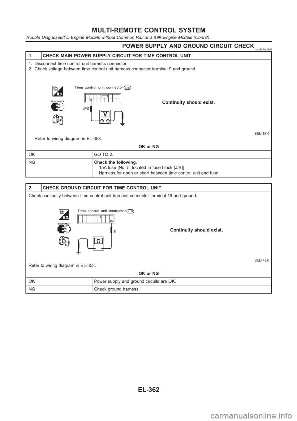 NISSAN ALMERA N16 2003  Electronic Repair Manual POWER SUPPLY AND GROUND CIRCUIT CHECK=NJEL0482S03
1 CHECK MAIN POWER SUPPLY CIRCUIT FOR TIME CONTROL UNIT
1. Disconnect time control unit harness connector.
2. Check voltage between time control unit 