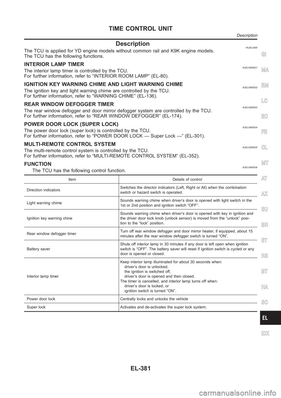 NISSAN ALMERA N16 2003  Electronic Repair Manual Description=NJEL0485The TCU is applied for YD engine models without common rail and K9K engine models.
The TCU has the following functions.
INTERIOR LAMP TIMERNJEL0485S01The interior lamp timer is con