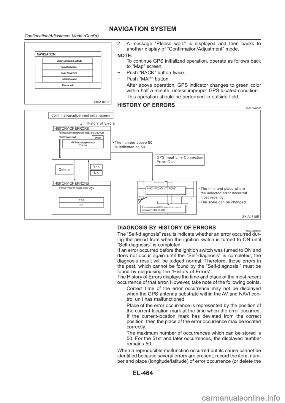 NISSAN ALMERA N16 2003  Electronic Repair Manual SKIA1619E
2. A message “Please wait.” is displayed and then backs to
another display of “Confirmation/Adjustment” mode.
NOTE:
To continue GPS initialized operation, operate as follows back
to 