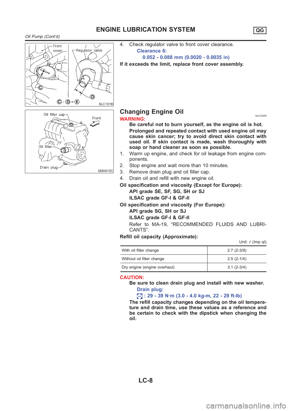 NISSAN ALMERA N16 2003 Electronic Repair Manual SLC101B
4. Check regulator valve to front cover clearance.
Clearance 6:
0.052 - 0.088 mm (0.0020 - 0.0035 in)
If it exceeds the limit, replace front cover assembly.
SMA915C
Changing Engine OilNJLC0035 NISSAN ALMERA N16 2003 Electronic Repair Manual SLC101B
4. Check regulator valve to front cover clearance.
Clearance 6:
0.052 - 0.088 mm (0.0020 - 0.0035 in)
If it exceeds the limit, replace front cover assembly.
SMA915C
Changing Engine OilNJLC0035