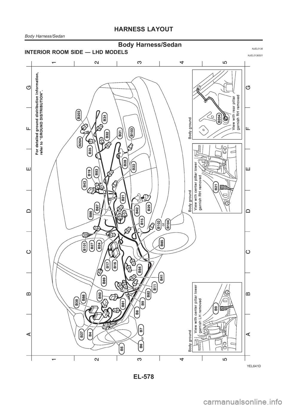 NISSAN ALMERA N16 2003  Electronic Repair Manual Body Harness/SedanNJEL0136INTERIOR ROOM SIDE — LHD MODELSNJEL0136S01
YEL641D
HARNESS LAYOUT
Body Harness/Sedan
EL-578 