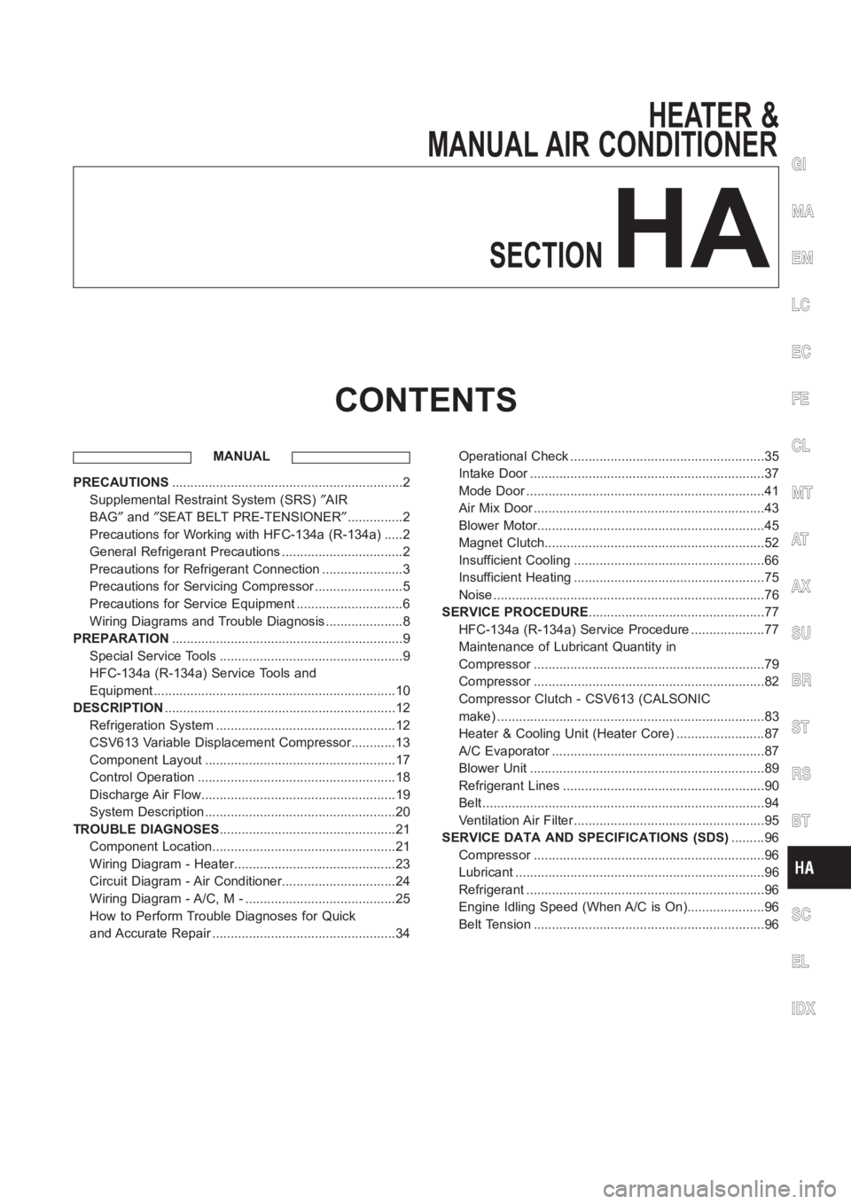 NISSAN ALMERA N16 2003  Electronic Repair Manual HEATER &
MANUAL AIR CONDITIONER
SECTION
HA
CONTENTS
MANUAL
PRECAUTIONS<001100110011001100110011001100110011001100110011001100110011001100110011001100110011001100110011001100110011001100110011001100110