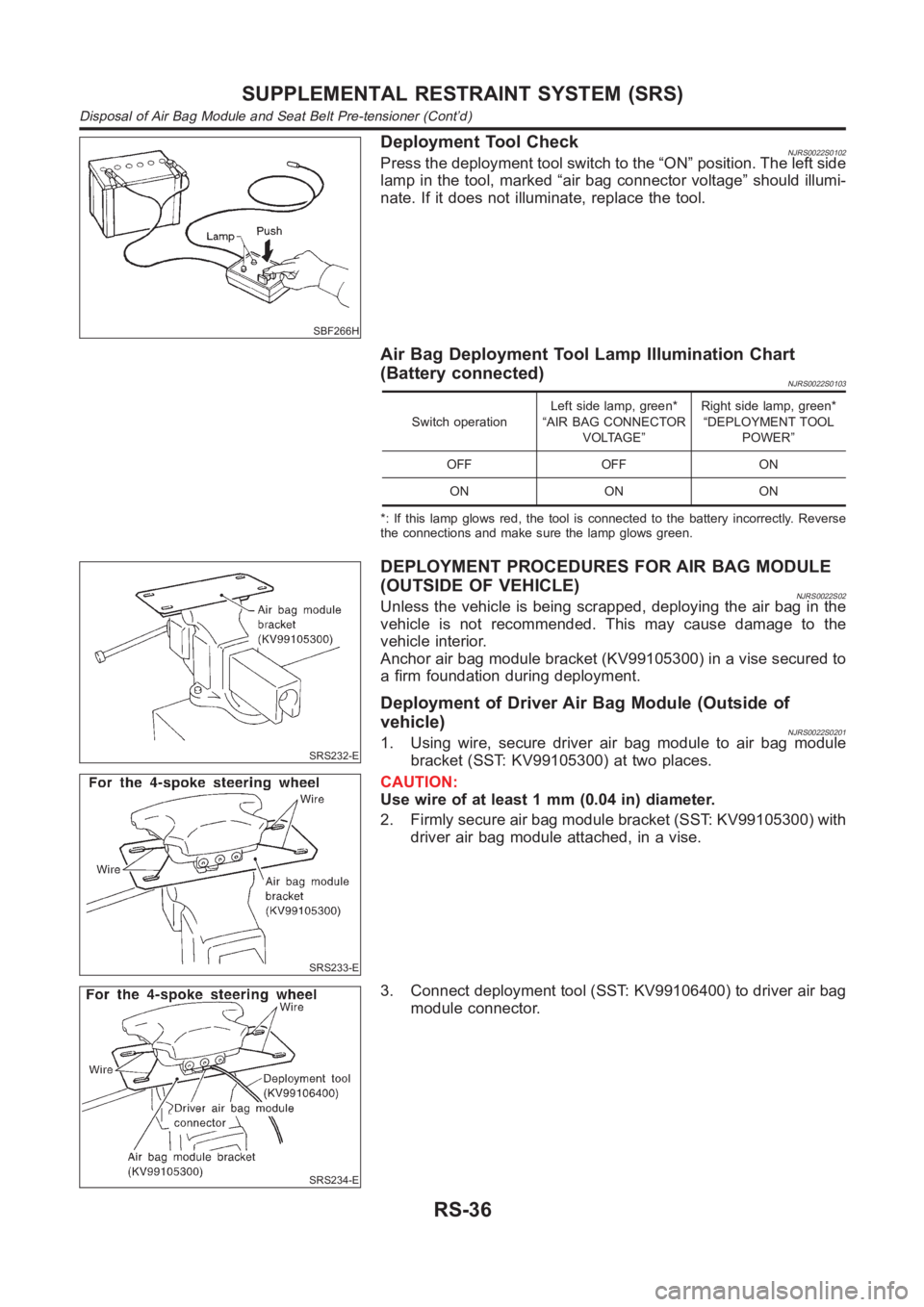 NISSAN ALMERA N16 2003  Electronic Repair Manual SBF266H
Deployment Tool CheckNJRS0022S0102Press the deployment tool switch to the “ON” position. The left side
lamp in the tool, marked “air bag connector voltage” should illumi-
nate. If it d