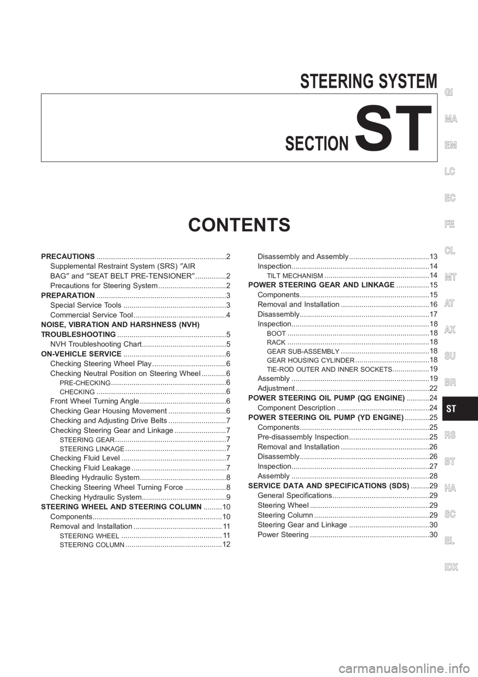 NISSAN ALMERA N16 2003  Electronic Repair Manual STEERING SYSTEM
SECTION
ST
CONTENTS
PRECAUTIONS<00110011001100110011001100110011001100110011001100110011001100110011001100110011001100110011001100110011001100110011001100110011001100110011001100110011