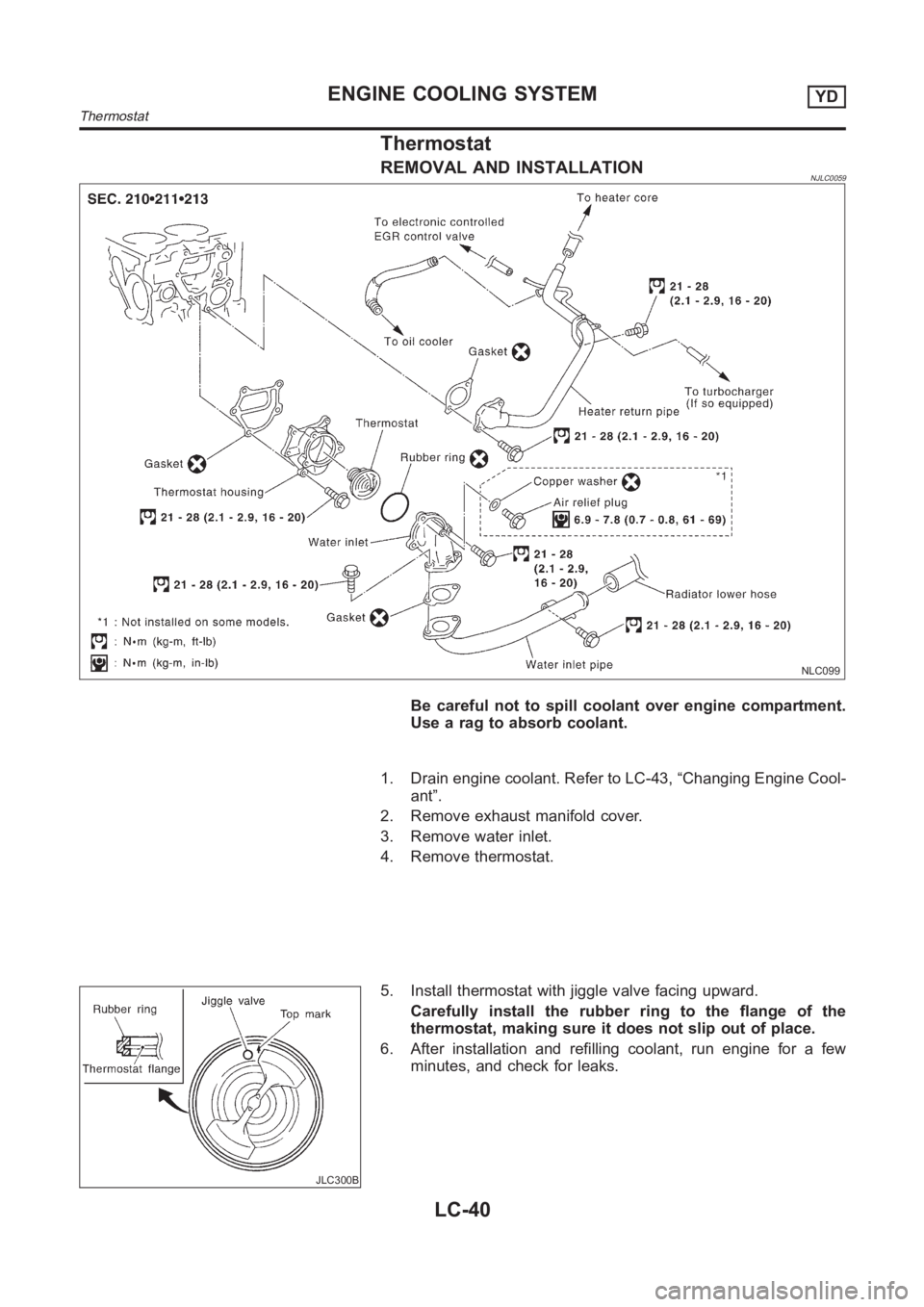 NISSAN ALMERA N16 2003  Electronic Repair Manual Thermostat
REMOVAL AND INSTALLATIONNJLC0059
NLC099
Be careful not to spill coolant over engine compartment.
Use a rag to absorb coolant.
1. Drain engine coolant. Refer to LC-43, “Changing Engine Coo