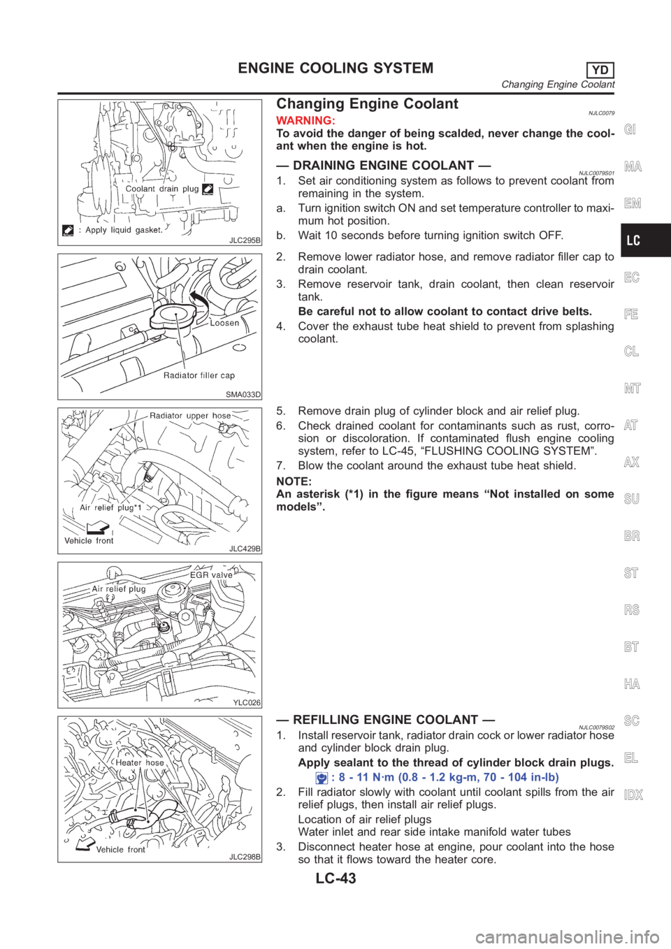 NISSAN ALMERA N16 2003 Electronic Repair Manual JLC295B
Changing Engine CoolantNJLC0079WARNING:
To avoid the danger of being scalded, never change the cool-
ant when the engine is hot.
— DRAINING ENGINE COOLANT —NJLC0079S011. Set air conditioni NISSAN ALMERA N16 2003 Electronic Repair Manual JLC295B
Changing Engine CoolantNJLC0079WARNING:
To avoid the danger of being scalded, never change the cool-
ant when the engine is hot.
— DRAINING ENGINE COOLANT —NJLC0079S011. Set air conditioni