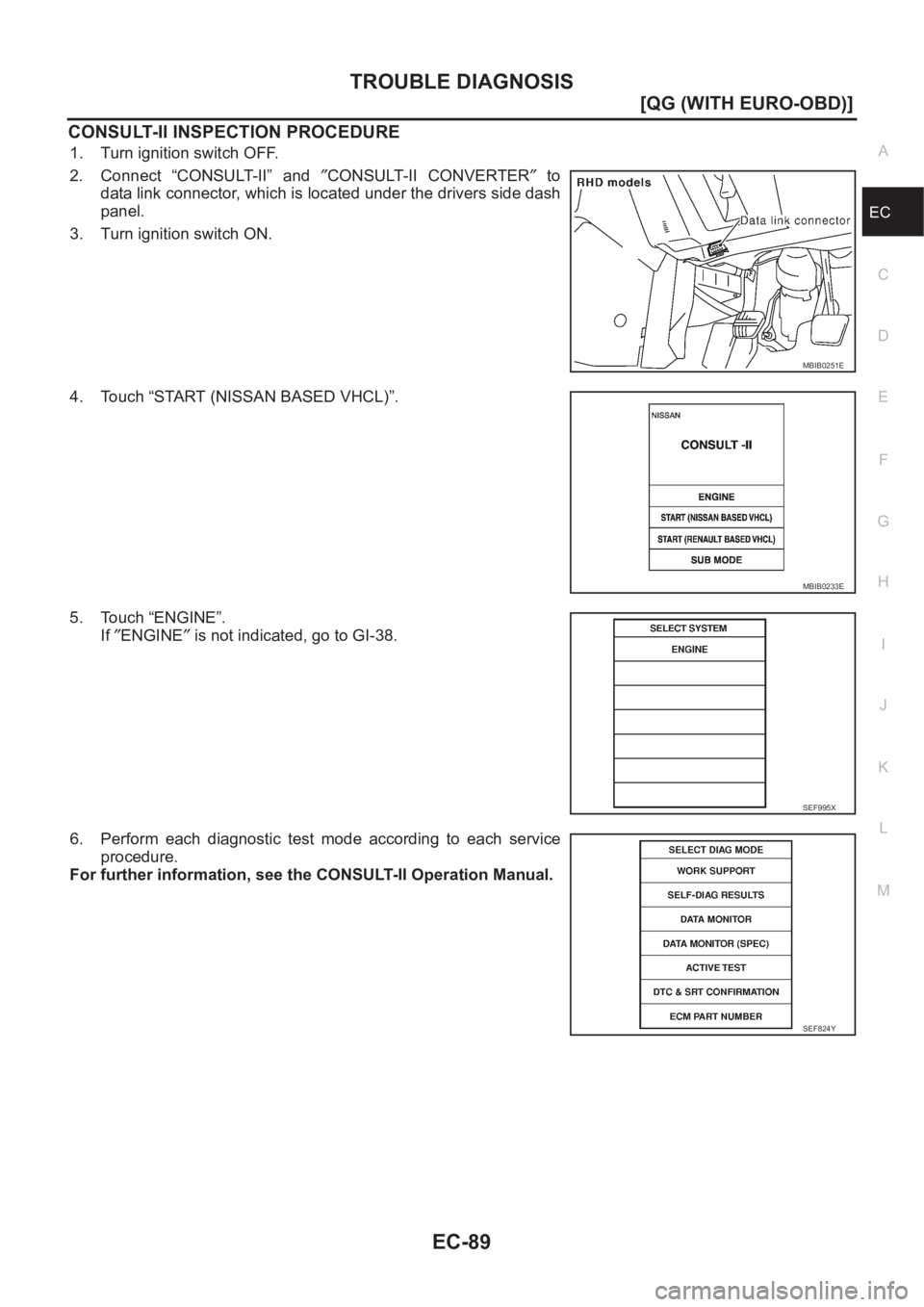 NISSAN ALMERA N16 2003  Electronic Repair Manual TROUBLE DIAGNOSIS
EC-89
[QG (WITH EURO-OBD)]
C
D
E
F
G
H
I
J
K
L
MA
EC
CONSULT-II INSPECTION PROCEDURE
1. Turn ignition switch OFF.
2. Connect  “CONSULT-II”  and ″CONSULT-II  CONVERTER″ to
dat