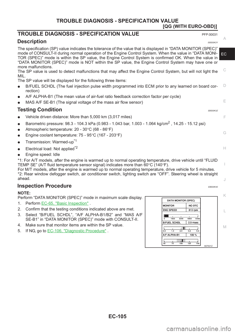 NISSAN ALMERA N16 2003  Electronic Repair Manual TROUBLE DIAGNOSIS - SPECIFICATION VALUE
EC-105
[QG (WITH EURO-OBD)]
C
D
E
F
G
H
I
J
K
L
MA
EC
TROUBLE DIAGNOSIS - SPECIFICATION VALUEPFP:00031
DescriptionEBS00K3Y
The specification (SP) value indicate