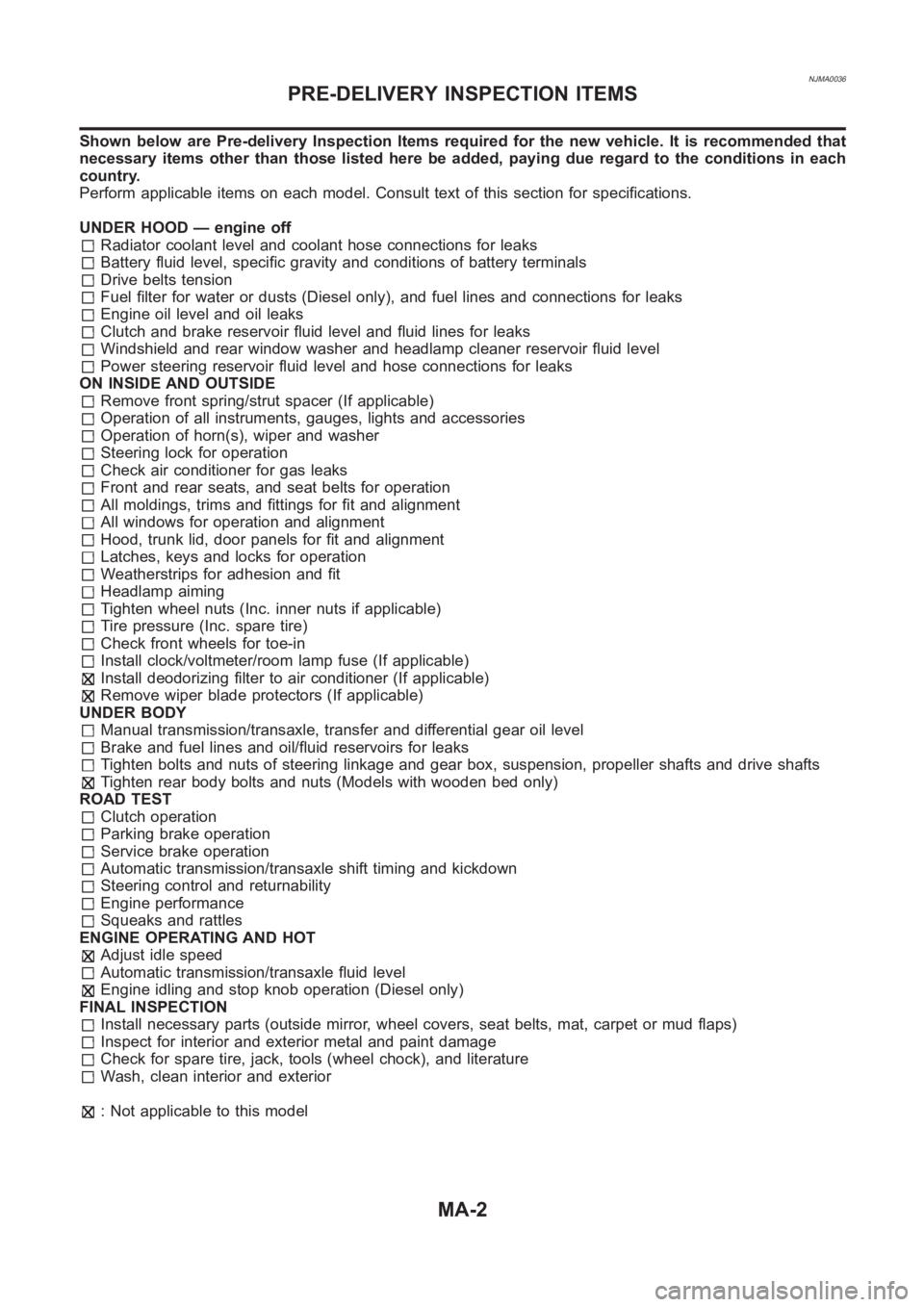 NISSAN ALMERA N16 2003  Electronic Repair Manual NJMA0036
Shown below are Pre-delivery Inspection Items required for the new vehicle. It is recommended that
necessary items other than those listed here be added, paying due regard tothe conditions in
