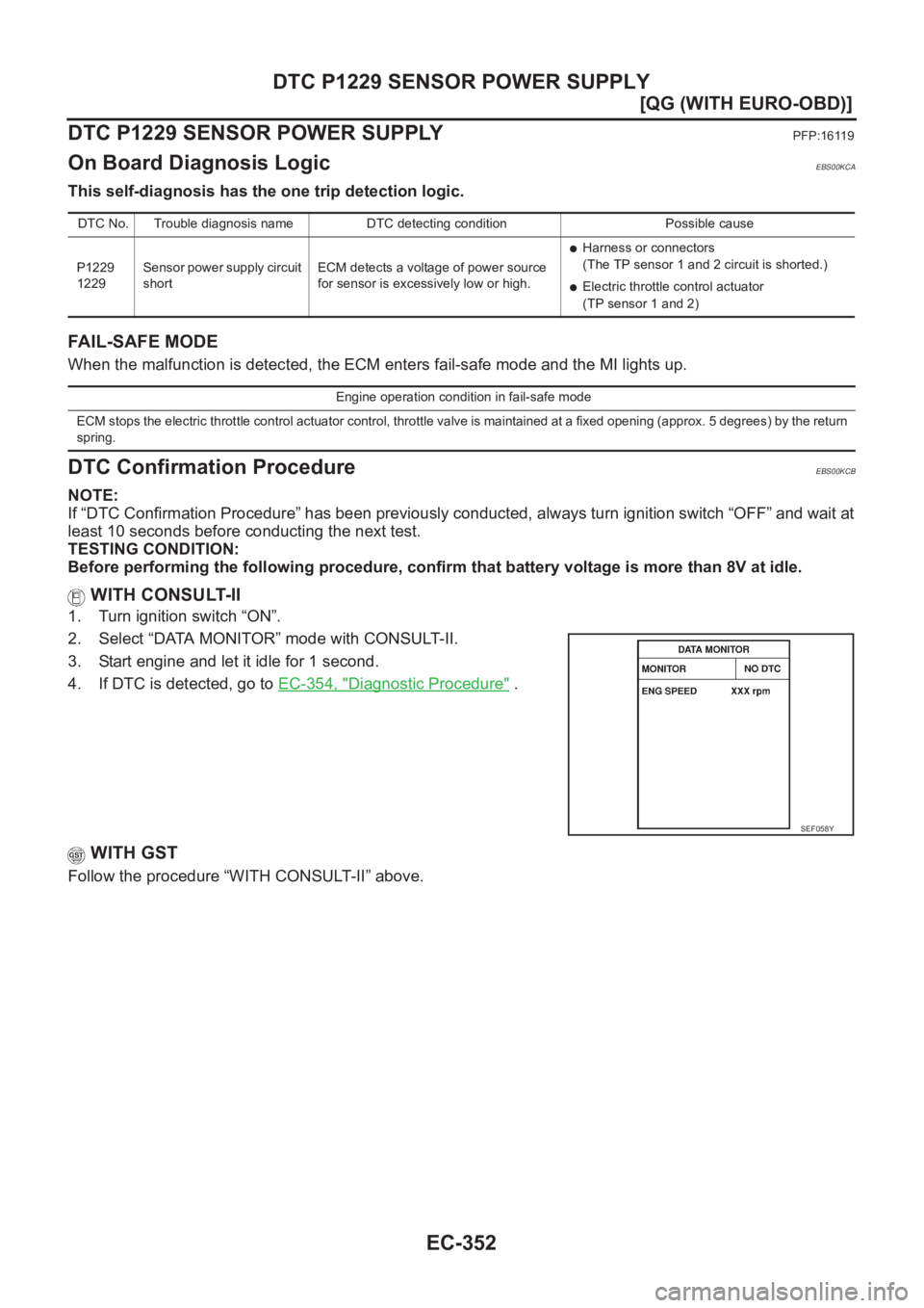 NISSAN ALMERA N16 2003  Electronic Repair Manual EC-352
[QG (WITH EURO-OBD)]
DTC P1229 SENSOR POWER SUPPLY
DTC P1229 SENSOR POWER SUPPLY
PFP:16119
On Board Diagnosis LogicEBS00KCA
This self-diagnosis has the one trip detection logic.
FAIL-SAFE MODE
