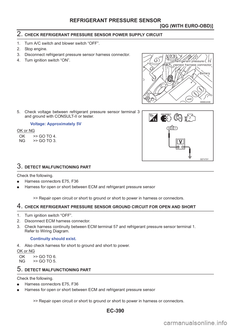 NISSAN ALMERA N16 2003  Electronic Repair Manual EC-390
[QG (WITH EURO-OBD)]
REFRIGERANT PRESSURE SENSOR
2. CHECK REFRIGERANT PRESSURE SENSOR POWER SUPPLY CIRCUIT
1. Turn A/C switch and blower switch “OFF”.
2. Stop engine.
3. Disconnect refriger