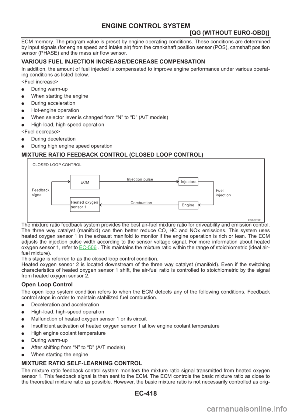 NISSAN ALMERA N16 2003  Electronic Repair Manual EC-418
[QG (WITHOUT EURO-OBD)]
ENGINE CONTROL SYSTEM
ECM memory. The program value is preset by engine operating conditions. These conditions are determined
by input signals (for engine speed and inta