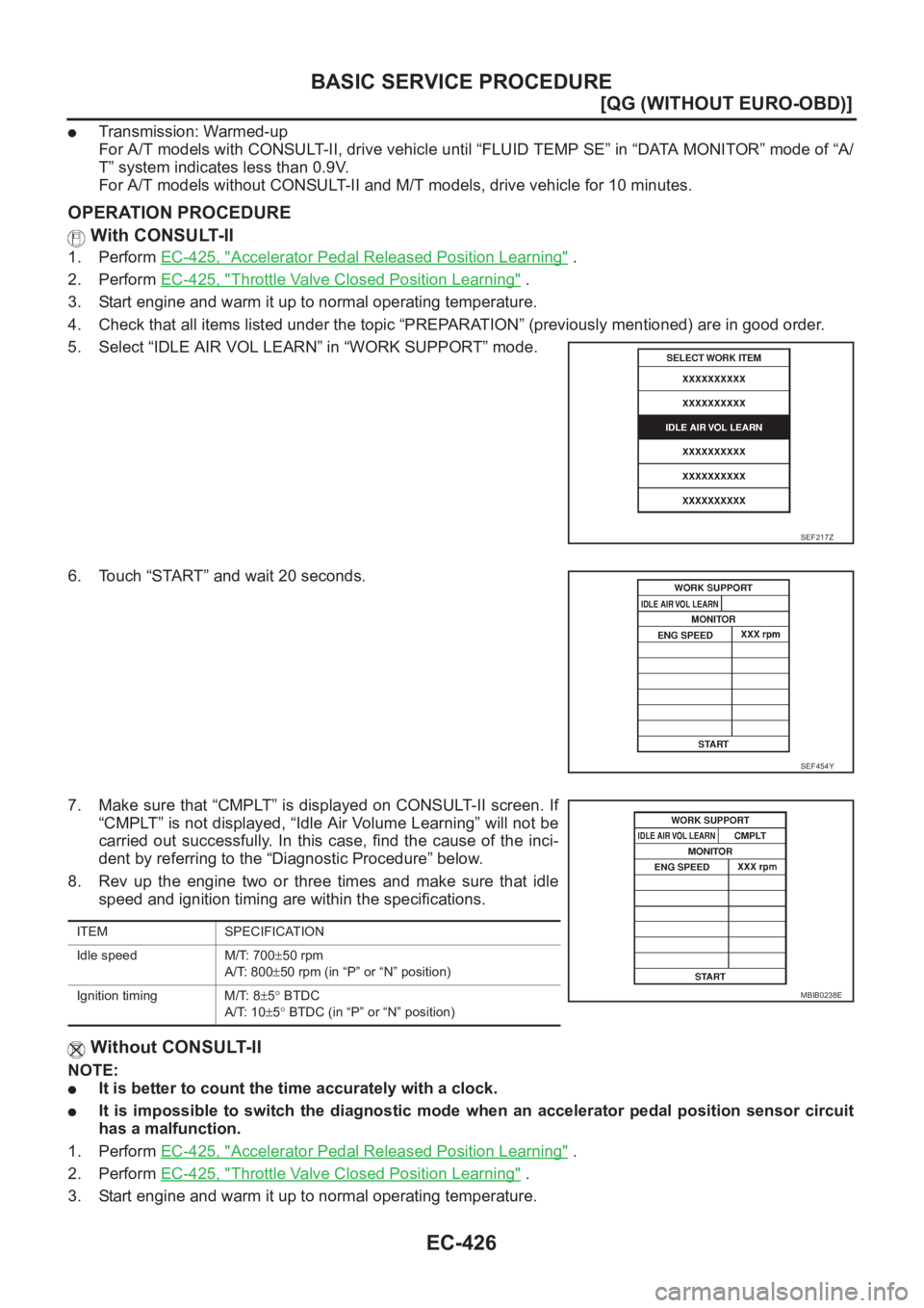 NISSAN ALMERA N16 2003  Electronic Repair Manual EC-426
[QG (WITHOUT EURO-OBD)]
BASIC SERVICE PROCEDURE
●Transmission: Warmed-up
For A/T models with CONSULT-II, drive vehicle until “FLUID TEMP SE” in “DATA MONITOR” mode of “A/
T” syste