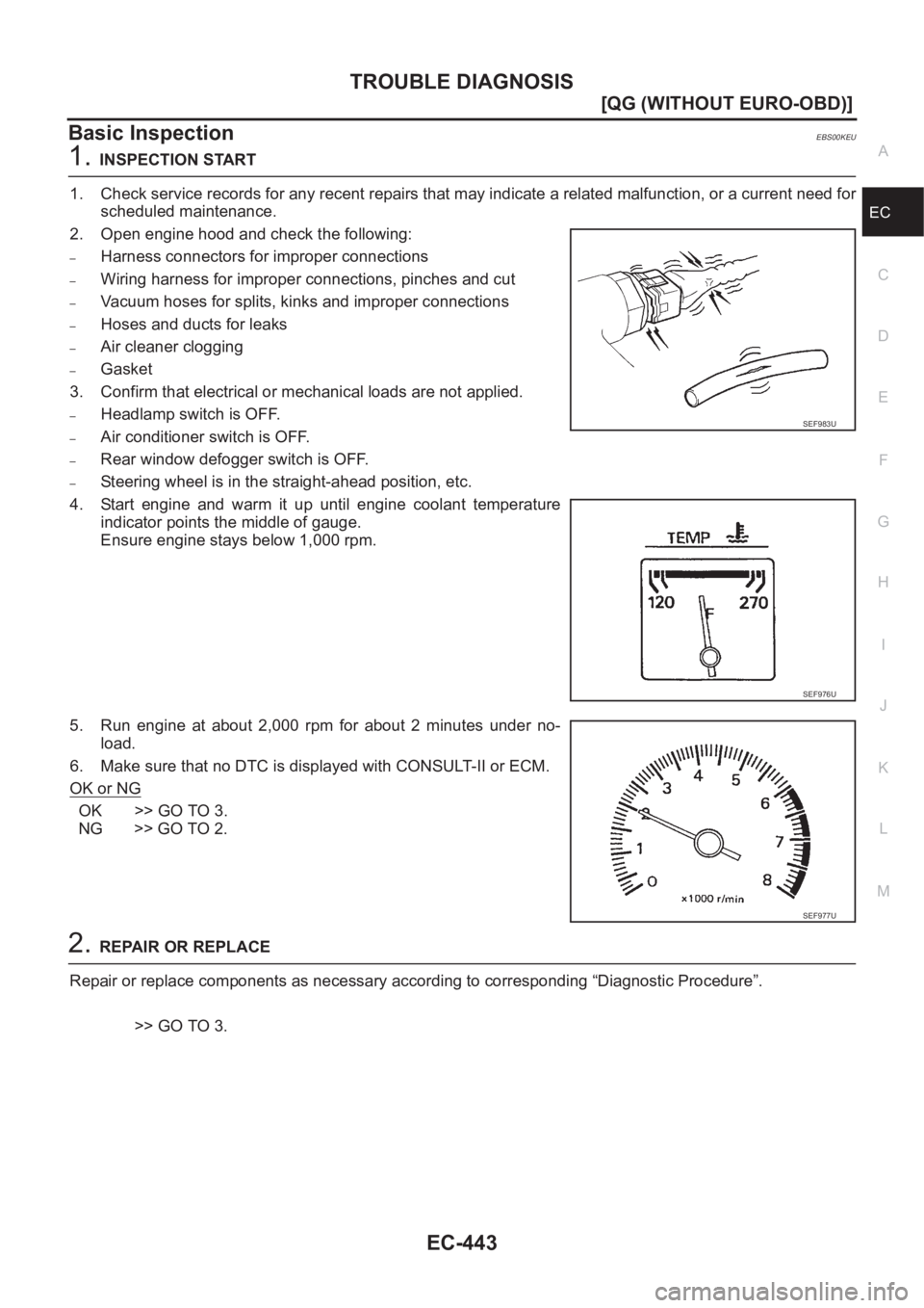 NISSAN ALMERA N16 2003  Electronic Repair Manual TROUBLE DIAGNOSIS
EC-443
[QG (WITHOUT EURO-OBD)]
C
D
E
F
G
H
I
J
K
L
MA
EC
Basic InspectionEBS00KEU
1.INSPECTION START
1. Check service records for any recent repairs that may indicate a related malfu