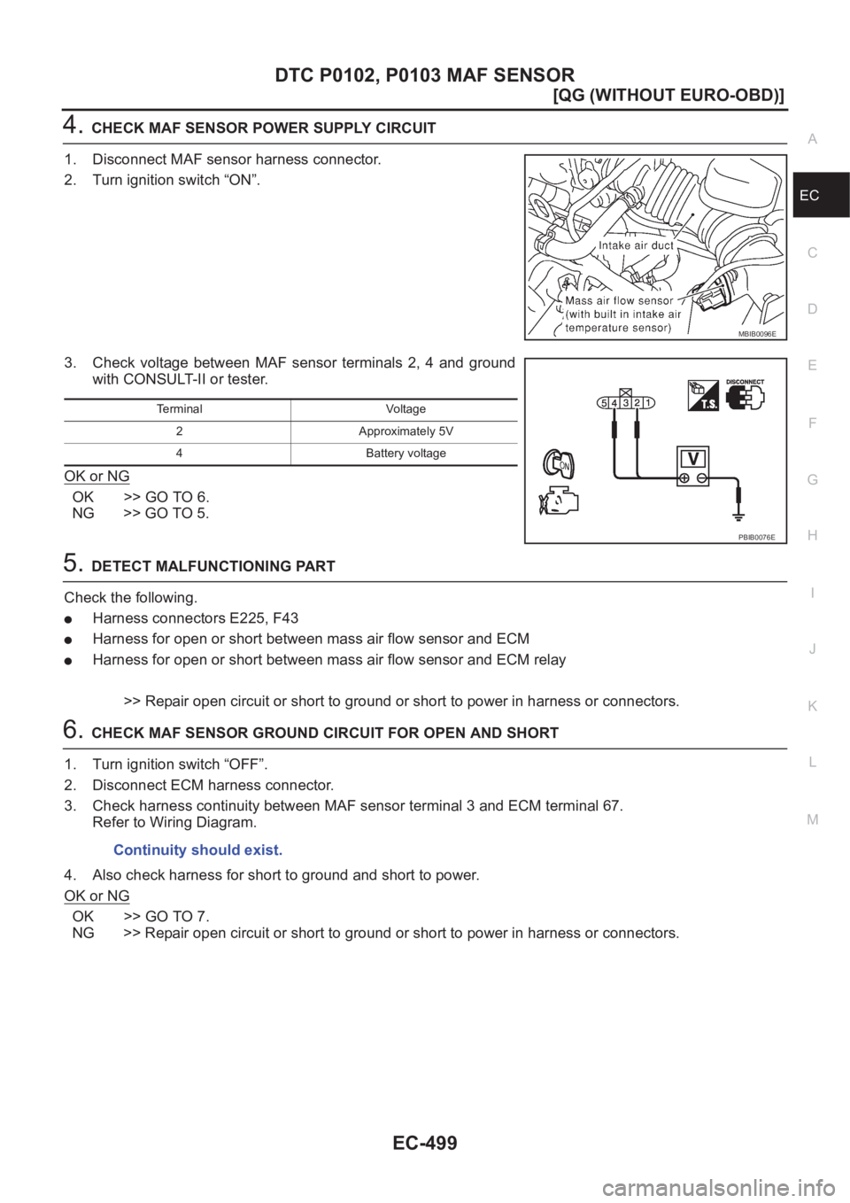 NISSAN ALMERA N16 2003  Electronic Repair Manual DTC P0102, P0103 MAF SENSOR
EC-499
[QG (WITHOUT EURO-OBD)]
C
D
E
F
G
H
I
J
K
L
MA
EC
4.CHECK MAF SENSOR POWER SUPPLY CIRCUIT
1. Disconnect MAF sensor harness connector.
2. Turn ignition switch “ON