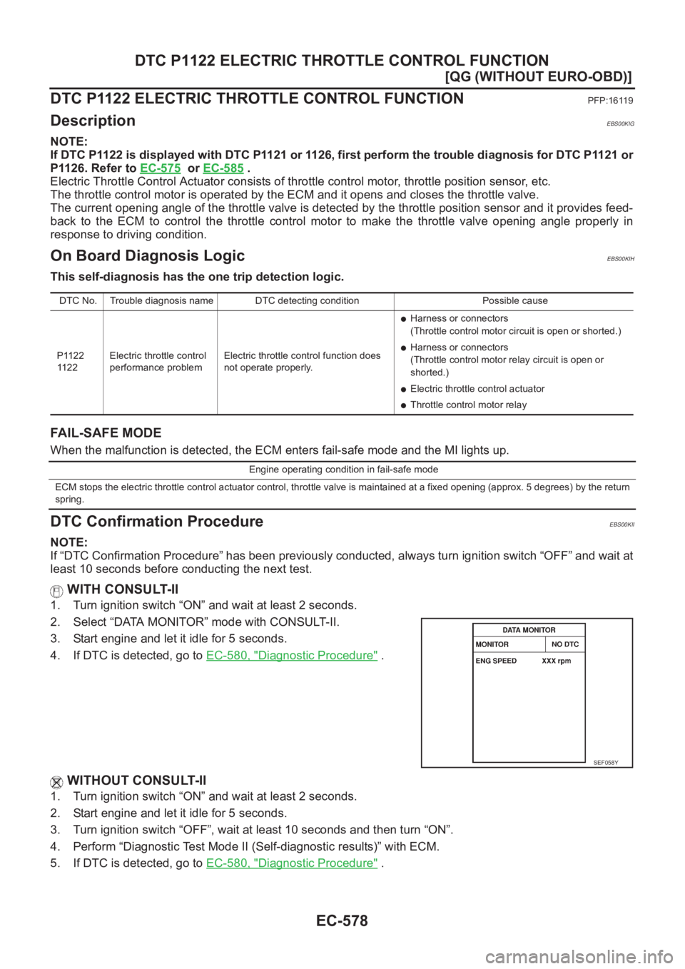 NISSAN ALMERA N16 2003  Electronic Repair Manual EC-578
[QG (WITHOUT EURO-OBD)]
DTC P1122 ELECTRIC THROTTLE CONTROL FUNCTION
DTC P1122 ELECTRIC THROTTLE CONTROL FUNCTION
PFP:16119
DescriptionEBS00KIG
NOTE:
If DTC P1122 is displayed with DTC P1121 or