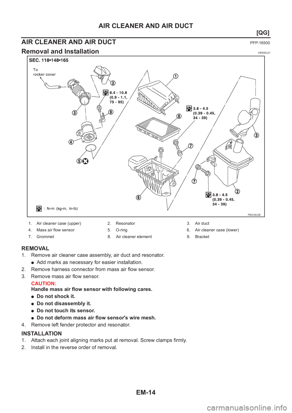 NISSAN ALMERA N16 2003  Electronic Repair Manual EM-14
[QG]
AIR CLEANER AND AIR DUCT
AIR CLEANER AND AIR DUCT
PFP:16500
Removal and InstallationEBS00LQ1
REMOVAL
1. Remove air cleaner case assembly, air duct and resonator.
●Add marks as necessary f