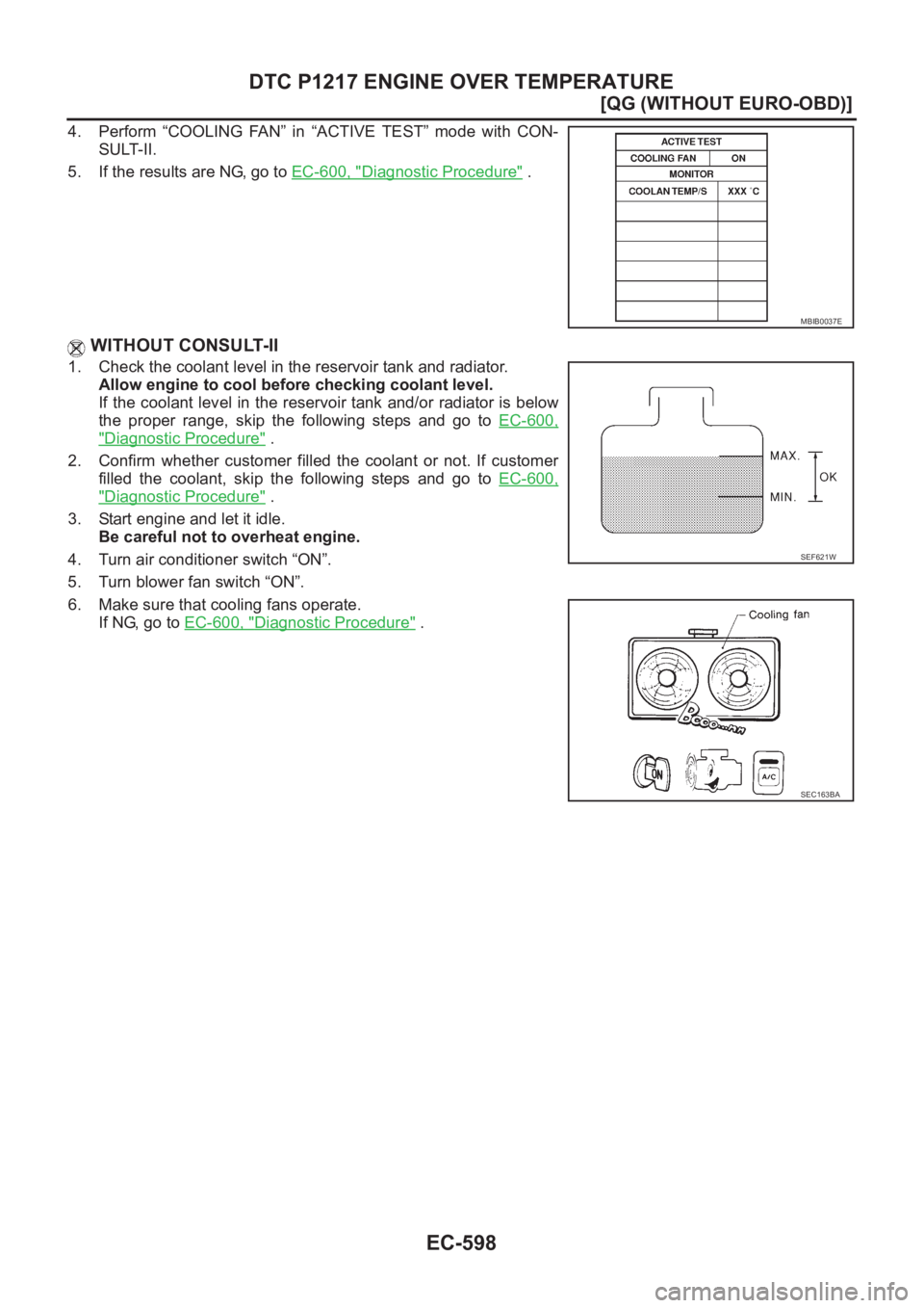 NISSAN ALMERA N16 2003  Electronic Repair Manual EC-598
[QG (WITHOUT EURO-OBD)]
DTC P1217 ENGINE OVER TEMPERATURE
4. Perform  “COOLING  FAN”  in  “ACTIVE  TEST”  mode  with  CON-
SULT-II.
5. If the results are NG, go to EC-600, "
Diagnos