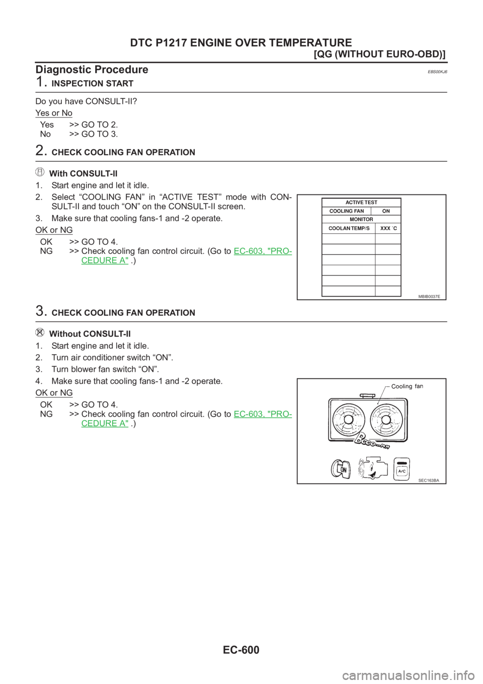 NISSAN ALMERA N16 2003  Electronic Repair Manual EC-600
[QG (WITHOUT EURO-OBD)]
DTC P1217 ENGINE OVER TEMPERATURE
Diagnostic Procedure
EBS00KJ6
1. INSPECTION START
Do you have CONSULT-II?
Ye s   o r   N o
Yes >> GO TO 2.
No >> GO TO 3.
2. CHECK COOL