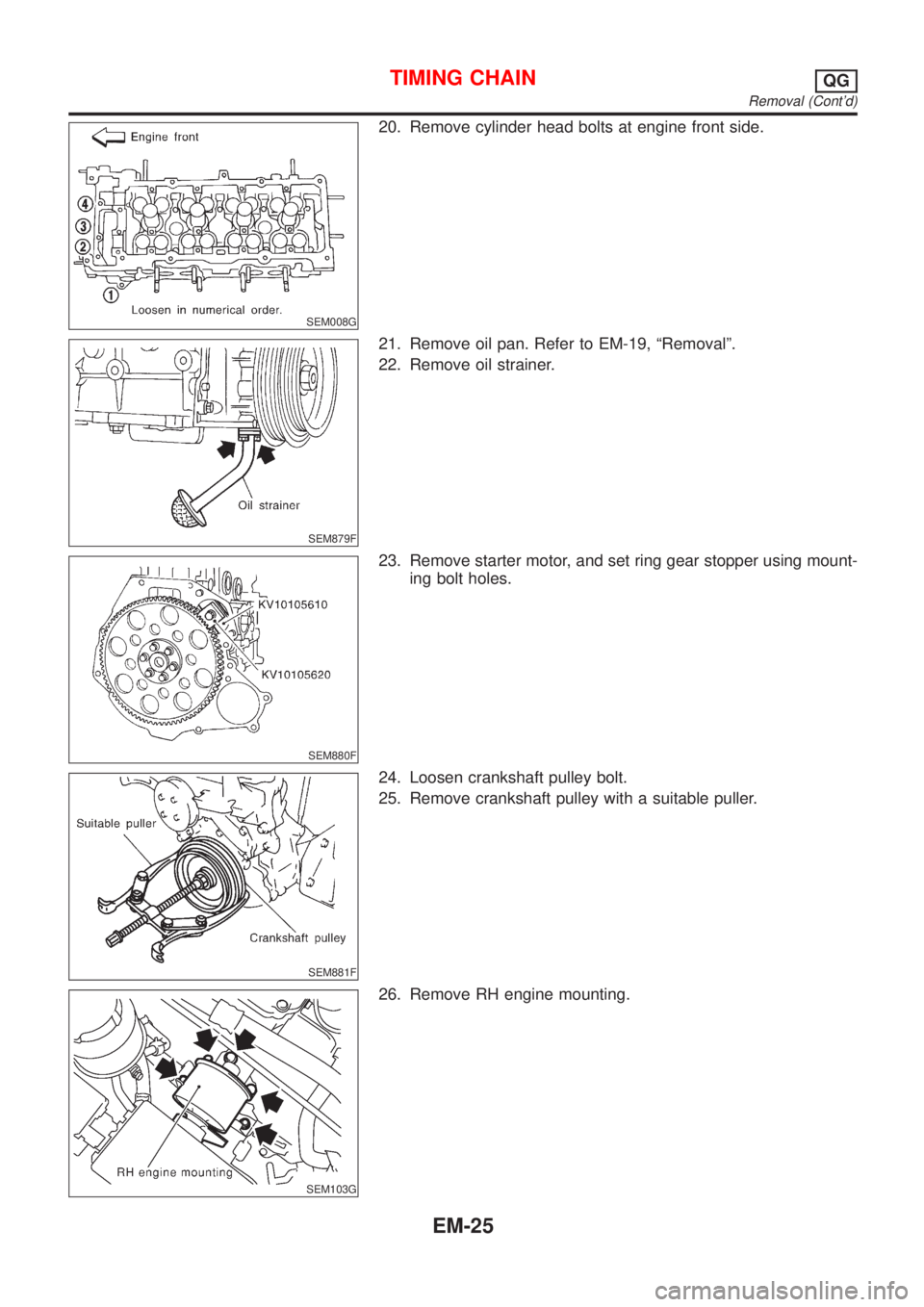 NISSAN ALMERA N16 2001  Electronic Repair Manual SEM008G
20. Remove cylinder head bolts at engine front side.
SEM879F
21. Remove oil pan. Refer to EM-19, ªRemovalº.
22. Remove oil strainer.
SEM880F
23. Remove starter motor, and set ring gear stopp