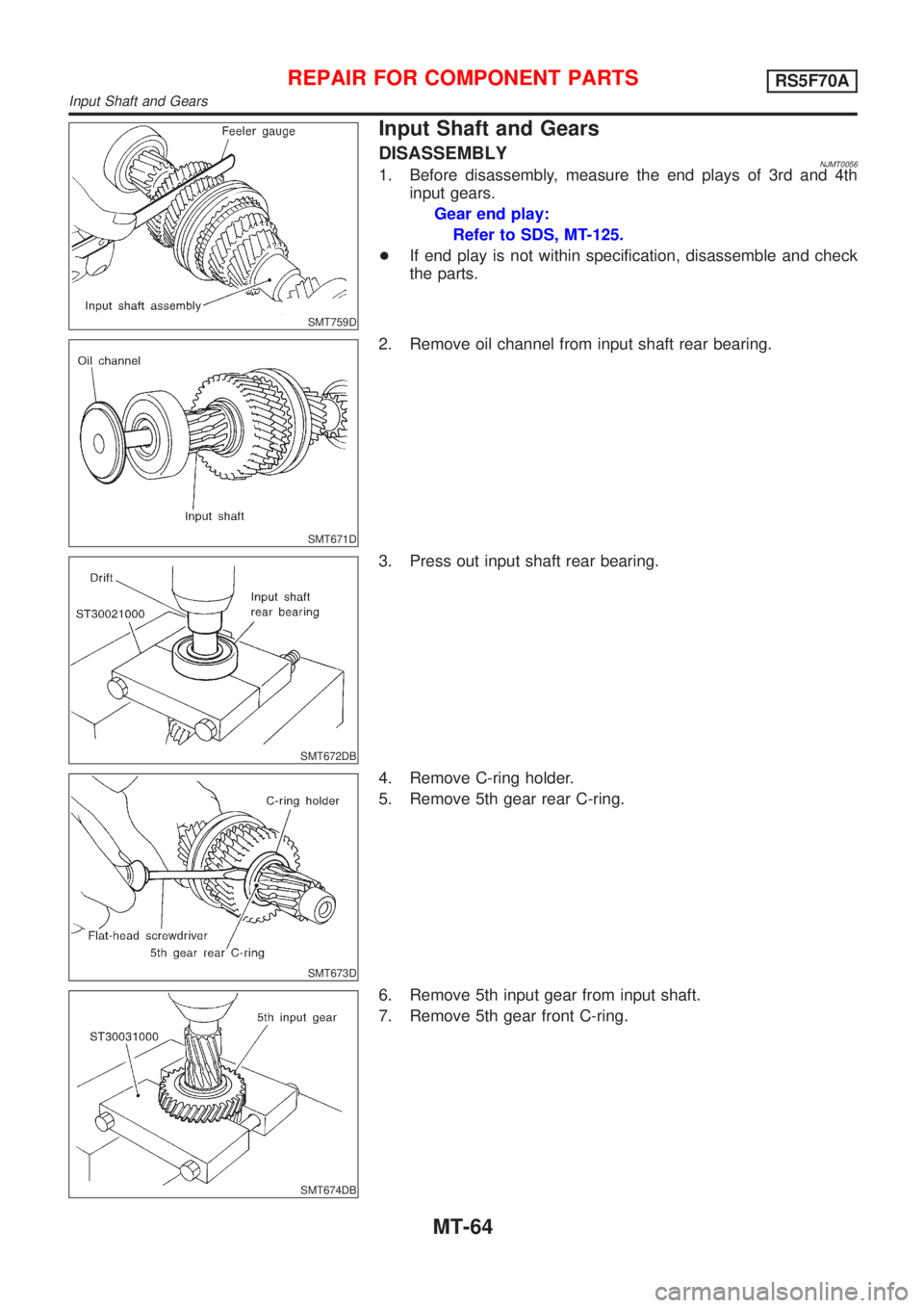 NISSAN ALMERA N16 2001  Electronic Repair Manual SMT759D
Input Shaft and Gears
DISASSEMBLYNJMT00561. Before disassembly, measure the end plays of 3rd and 4th
input gears.
Gear end play:
Refer to SDS, MT-125.
+If end play is not within specification,