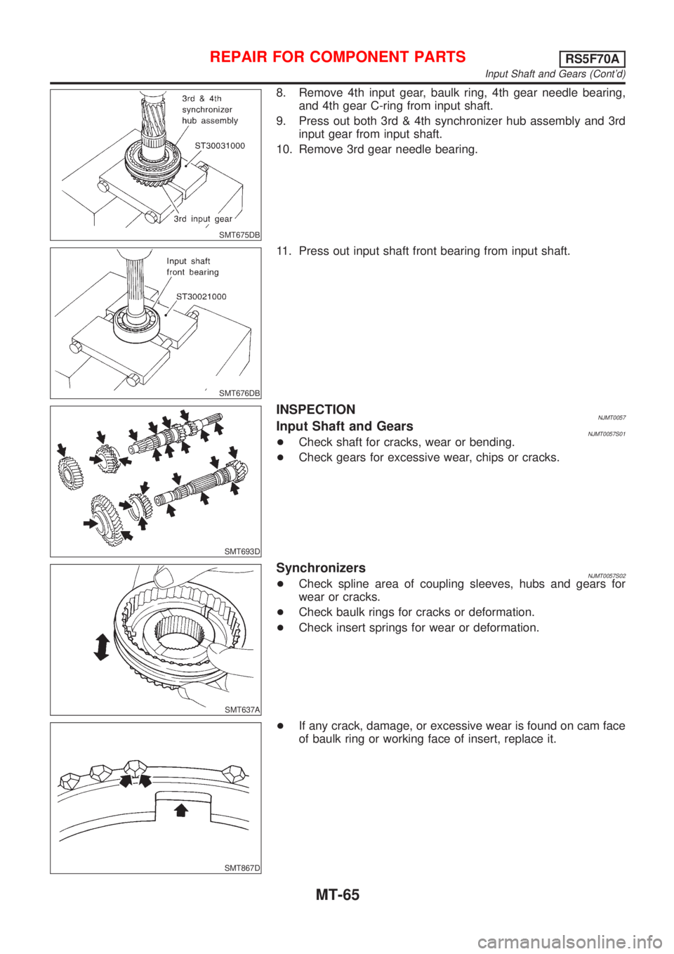 NISSAN ALMERA N16 2001  Electronic Repair Manual SMT675DB
8. Remove 4th input gear, baulk ring, 4th gear needle bearing,
and 4th gear C-ring from input shaft.
9. Press out both 3rd & 4th synchronizer hub assembly and 3rd
input gear from input shaft.
