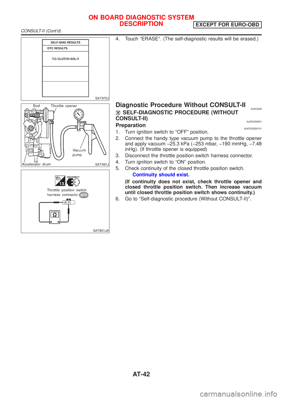 NISSAN ALMERA N16 2001  Electronic Repair Manual SAT970J
4. Touch ªERASEº. (The self-diagnostic results will be erased.)
SAT491J
SAT851JA
Diagnostic Procedure Without CONSULT-IINJAT0230SELF-DIAGNOSTIC PROCEDURE (WITHOUT
CONSULT-II)
NJAT0230S01Prep